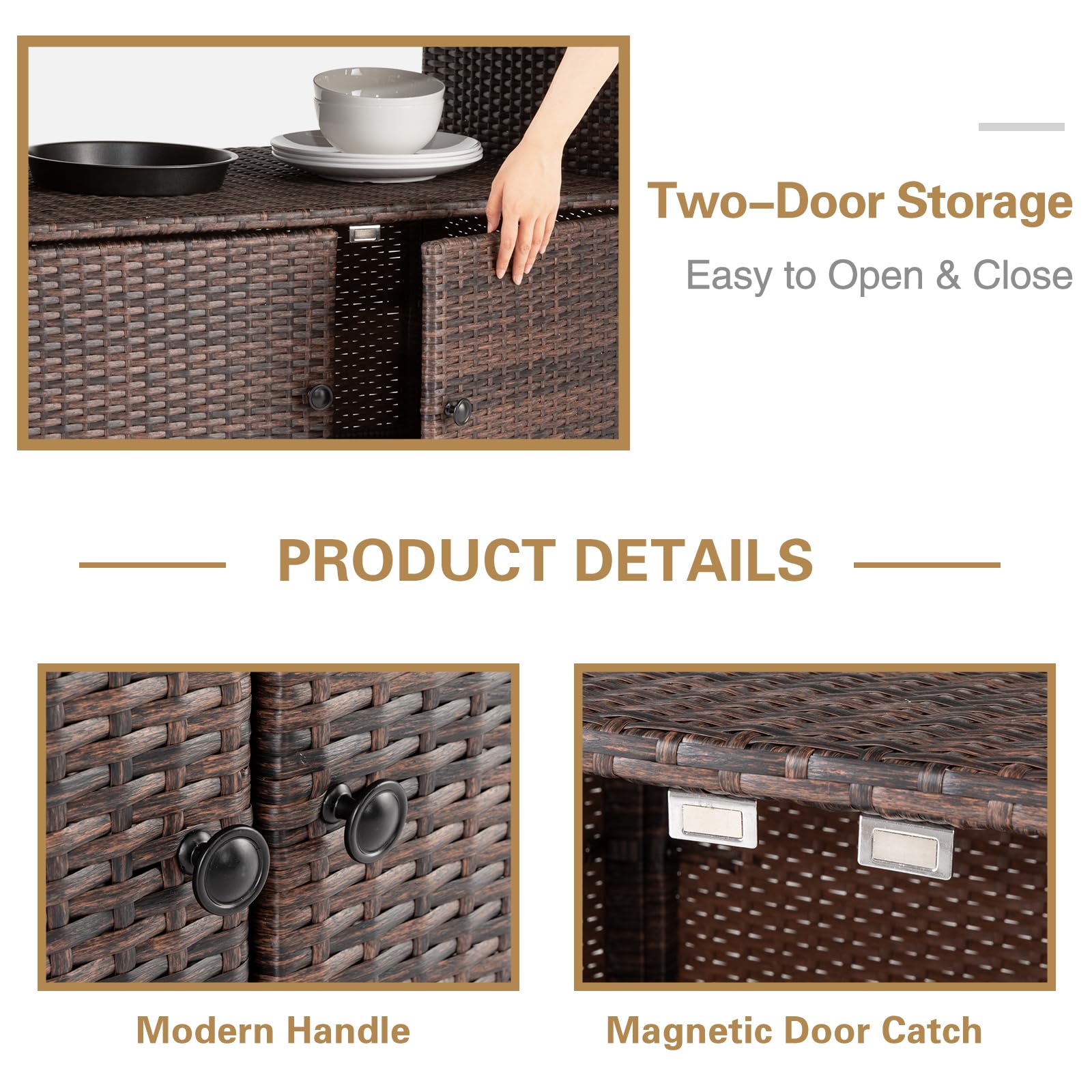Durable Wicker Rattan Outdoor Storage Cabinet with 2 Doors & Shelves - Waterproof Polystyrene Top for Patio, Pool, Garden, Kitchen & Indoor Use - Perfect for Organizing Cushions, Toys & Gardening Tools (Brown)