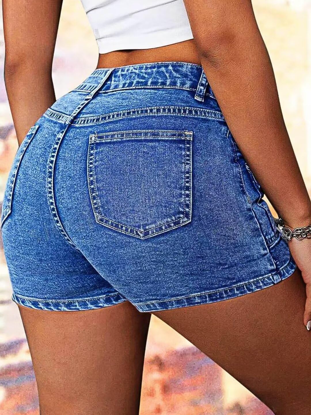 Flamingals Women's Mid Waist Denim Shorts with Flat Pocket - Comfortable Washed Jeans for Casual Wear, Summer Outfits & Beach Vacations