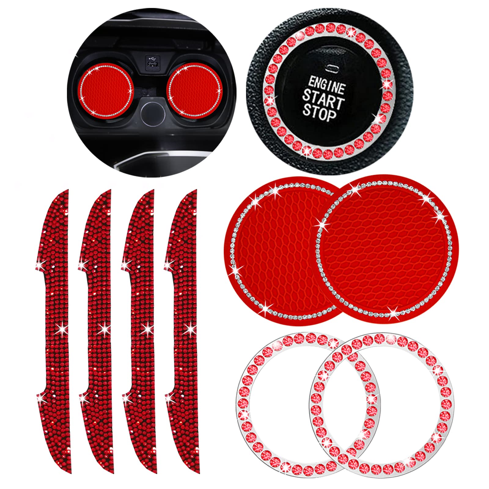 8-Pack Universal Bling Car Accessories Set - Rhinestone Cup Coasters, Ring Emblem Stickers & Crystal Door Handle Protectors for Women's Car Decor (Red) | Perfect for Gift Giving, Party Favors & Vehicle Personalization