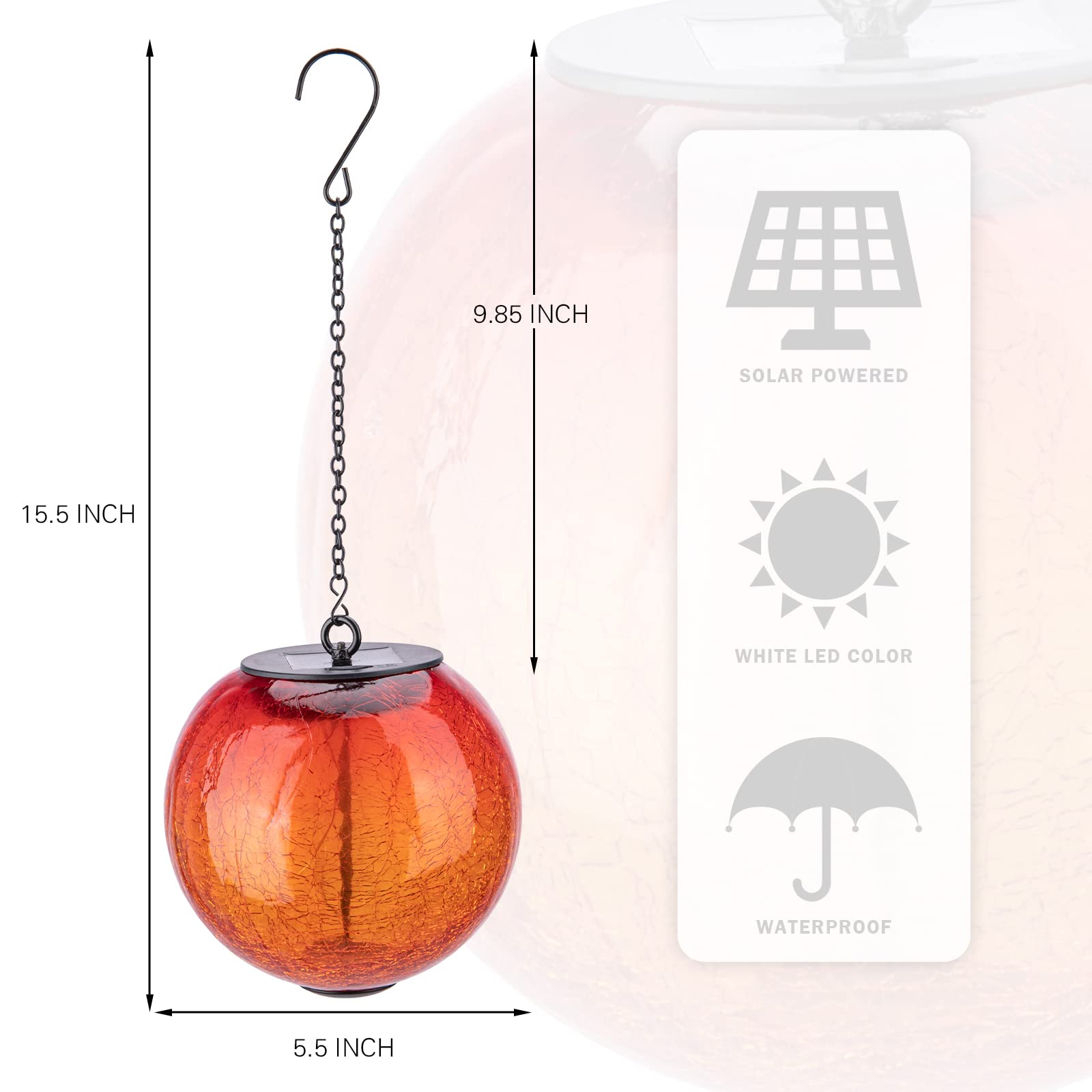Outdoor Solar Lanterns - Waterproof Hanging Cracked Glass Ball Lights with LED, Solar Powered for Porch, Patio, Garden Decor | Perfect for Outdoor Parties, Weddings & Pathway Lighting (Orange)