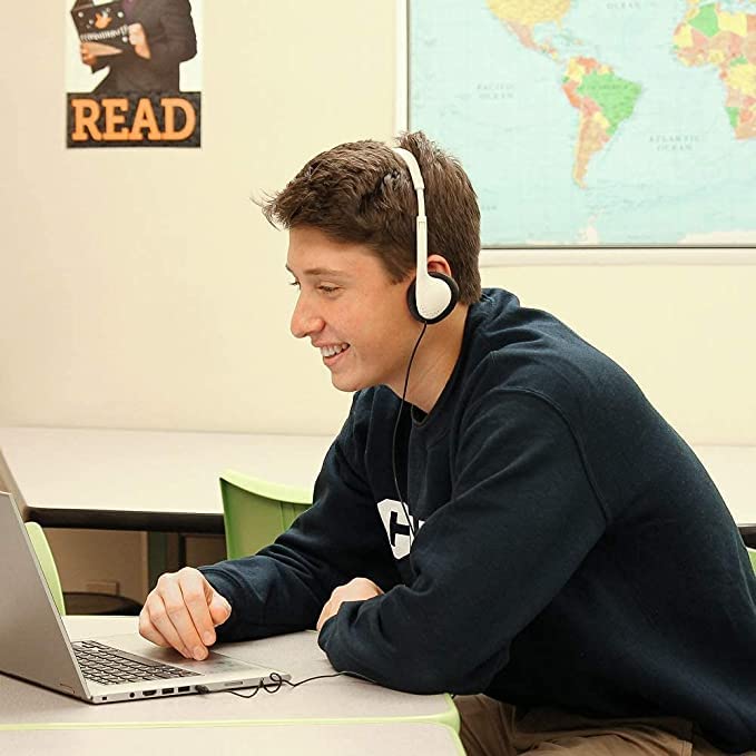 SN401 Classroom Stereo Headphones - 25 Pack with Leatherette Earpads & 3.5mm Plug (White) - Durable School Headphones for Students, Online Learning, Language Labs & Computer Classrooms