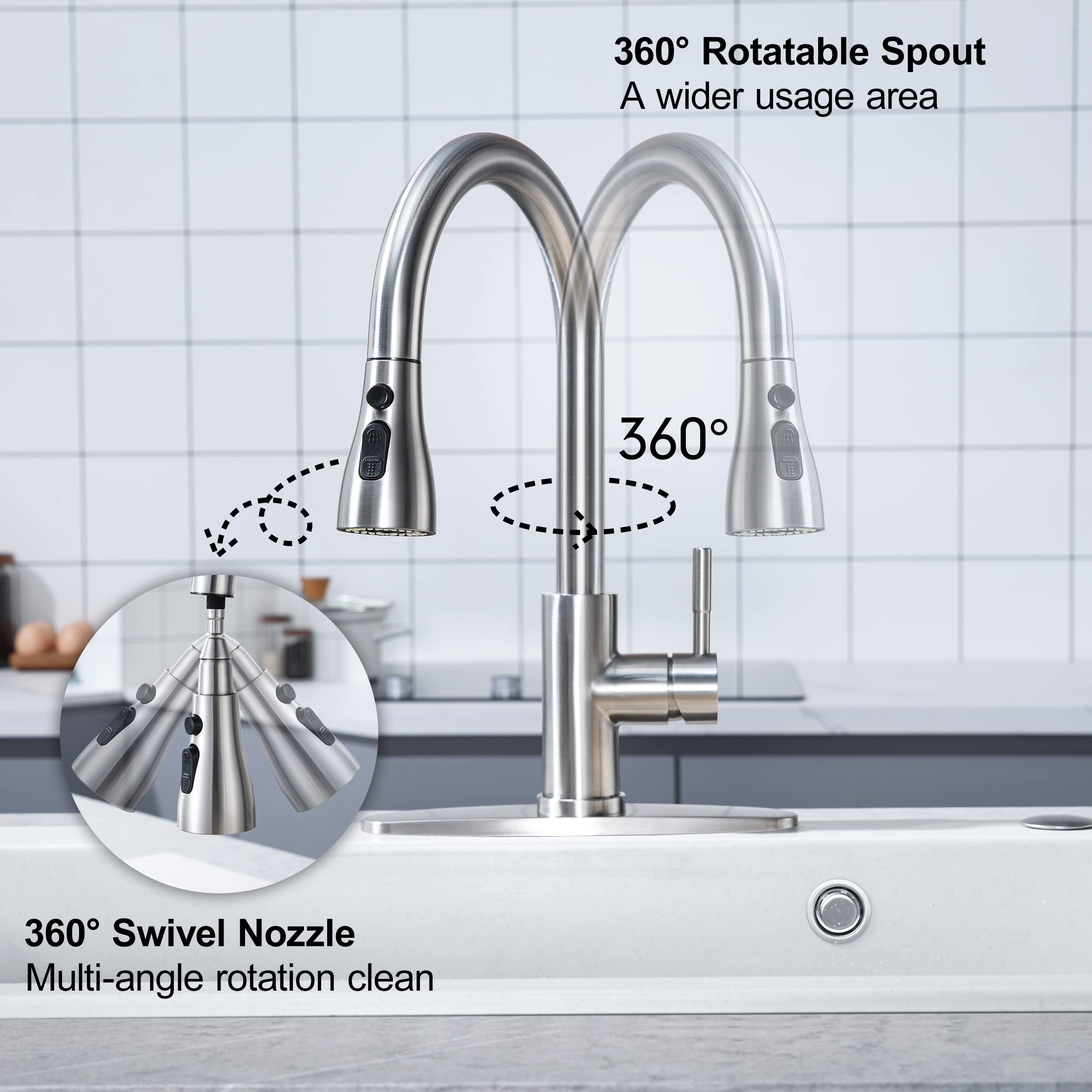 High Arc Stainless Steel Pull Down Kitchen Faucet with High Pressure Sprayer - Brushed Nickel Single Handle Modern Sink Faucet for 1 or 3 Hole Installation | Perfect for Home Kitchen, Restaurant & Commercial Use
