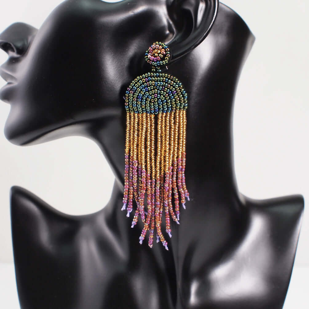 Bohemian Color Seed Beads Tassel Fringe Earrings for Women | Handmade Dangle Earrings with Natural Stones | Perfect for Festivals, Parties and Boho Fashion (Style E68671)
