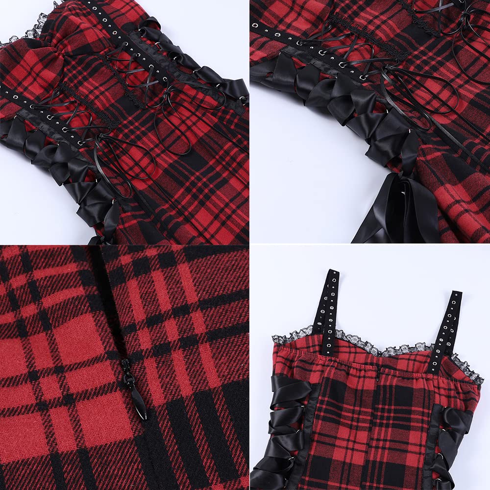 Halloween Gothic Red Plaid One Shoulder Prom Dress with Eyelet Lace - Sexy Strapless Slip Dress for Costume Party & Cosplay