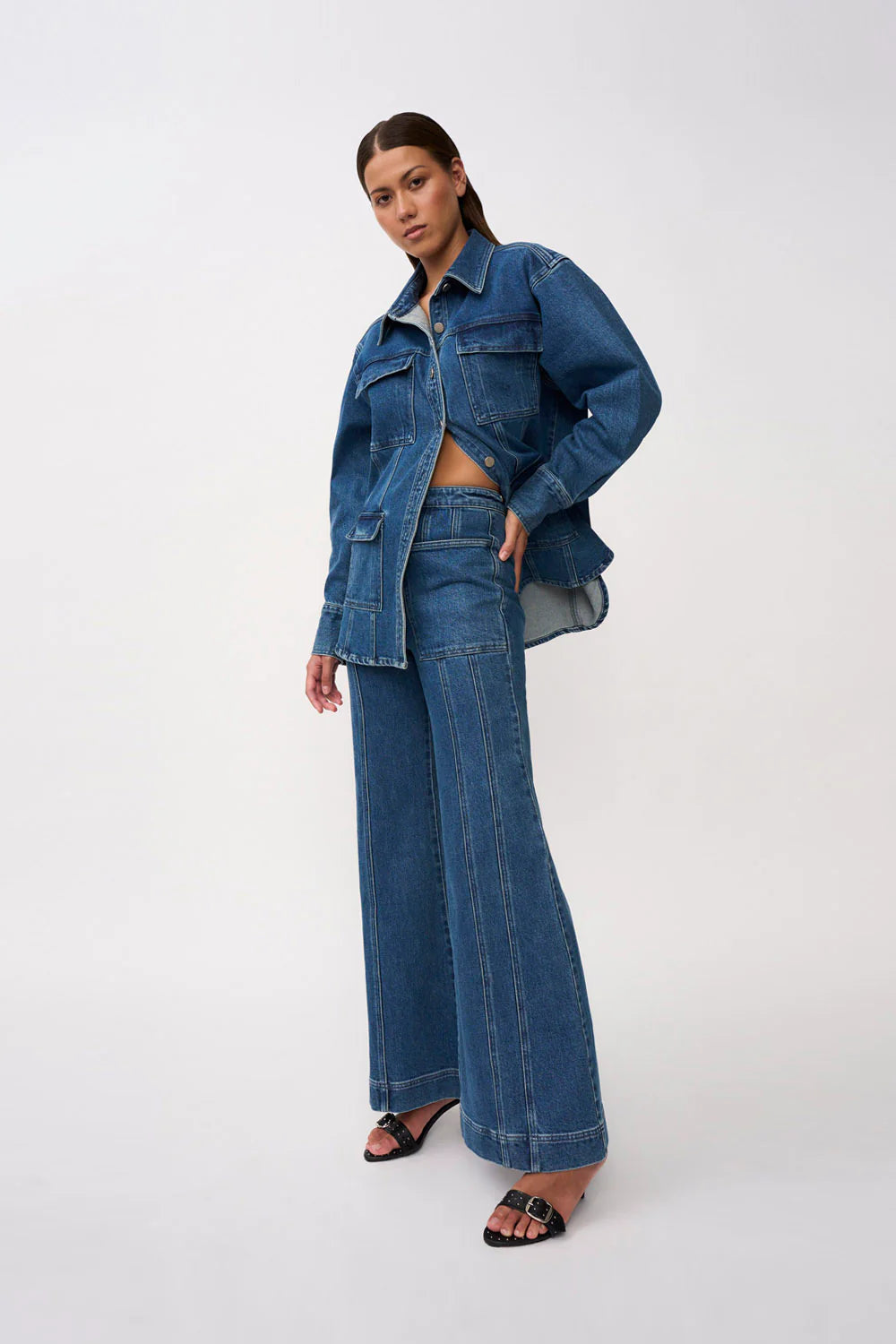 Della Women's Denim Wide Leg Jeans - Blue Wash Distressed High Waist Comfortable Stretch for Casual Outfits & Everyday Wear