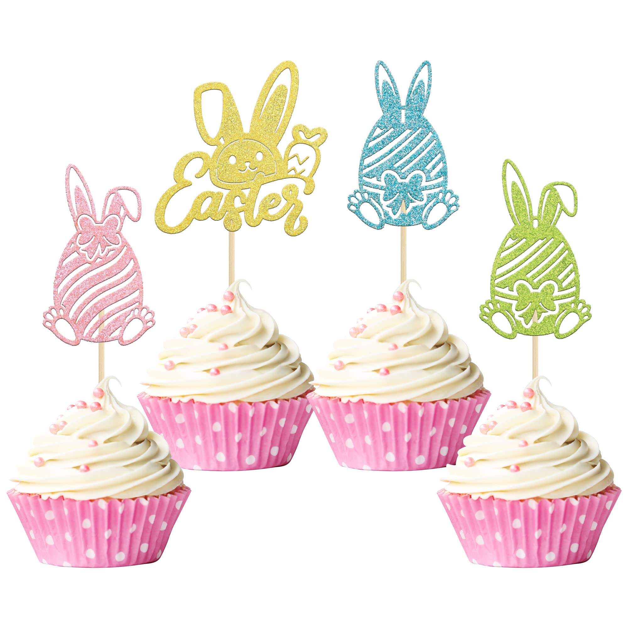 24 Pack Colorful Glitter Easter Cupcake Toppers - Bunny Ear & Egg Cake Decorations for Easter Party, Spring Baby Shower, Birthday Celebrations - Perfect for Dessert Table, Holiday Treats & Festive Gatherings