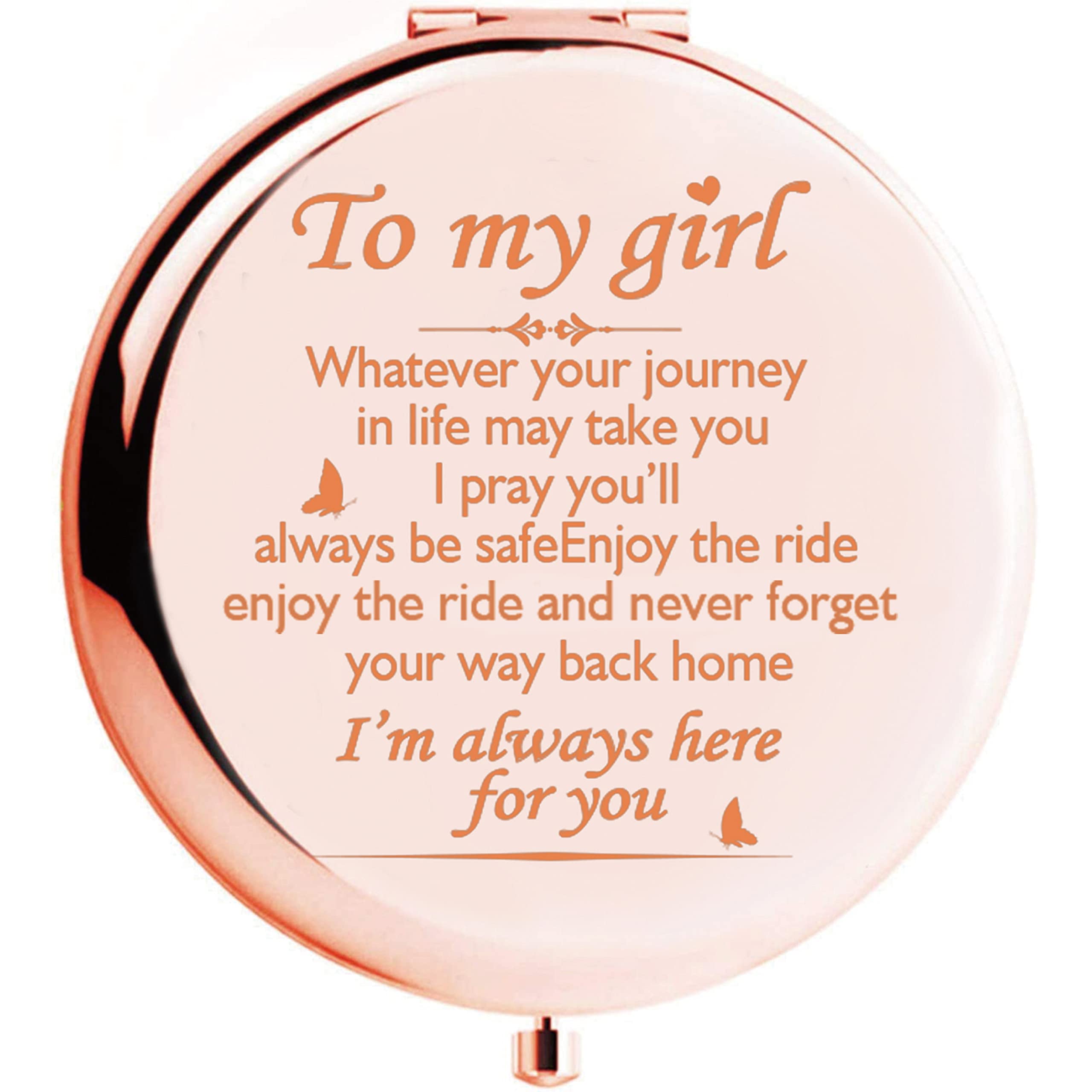 Rose Gold Engraved Compact Mirror - 2-Sided Folding Handheld Mirror with 1x/2x Magnification | Perfect Gift for Daughter, Girlfriend from Mom & Dad | Great for Makeup, Travel & Purse