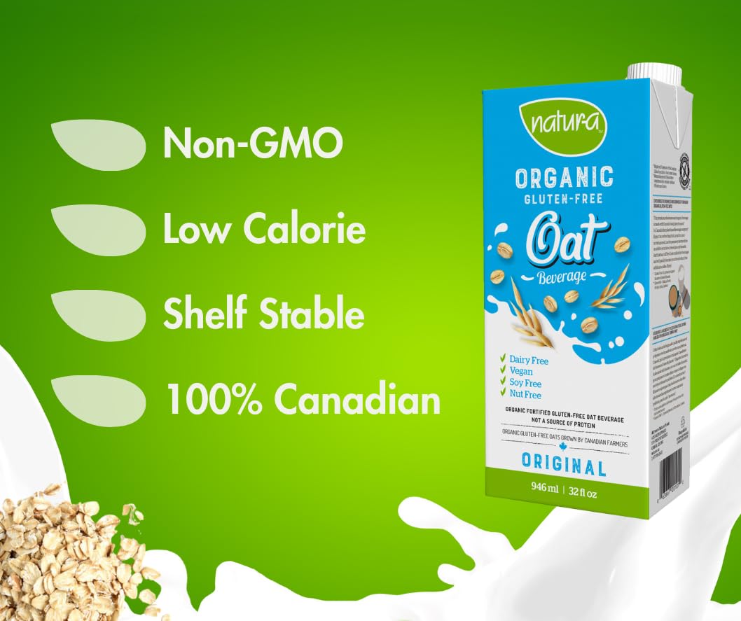 Organic Oat Milk - NATURA Original, Gluten Free, Dairy Free, Vegan, Non-GMO, Shelf Stable Plant Based Beverage | 946ml | Perfect for Coffee, Smoothies & Baking - Made in Canada