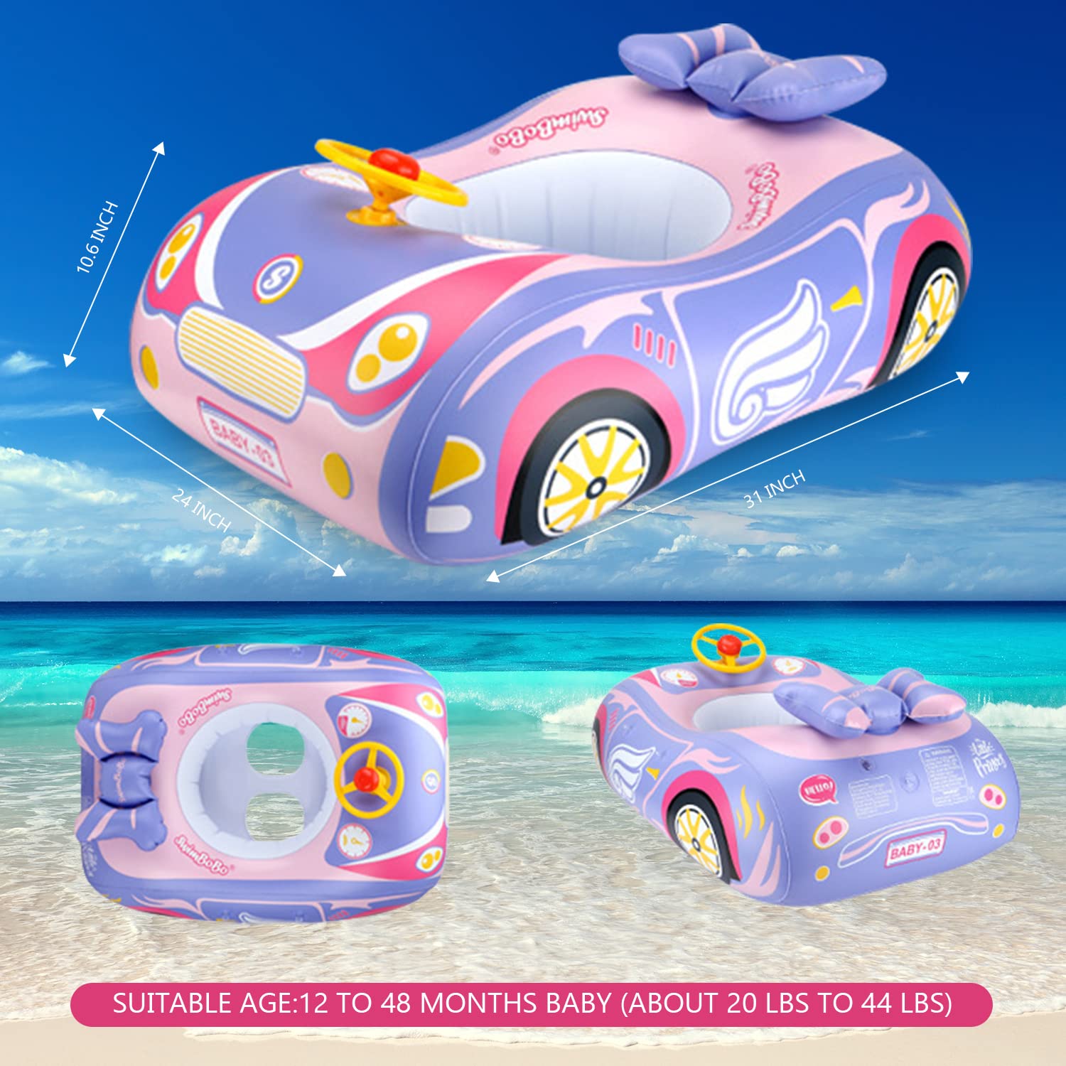 3D Car Design Baby Pool Float - Heavy Duty PVC Toddler Swim Float with Steering Wheel for Ages 1-4 Years | Safe Swimming Floats Seat Boat for Kids 12-24 Months | Perfect for Backyard Pools, Beach Vacations & Summer Water Play (Girl & Boy)