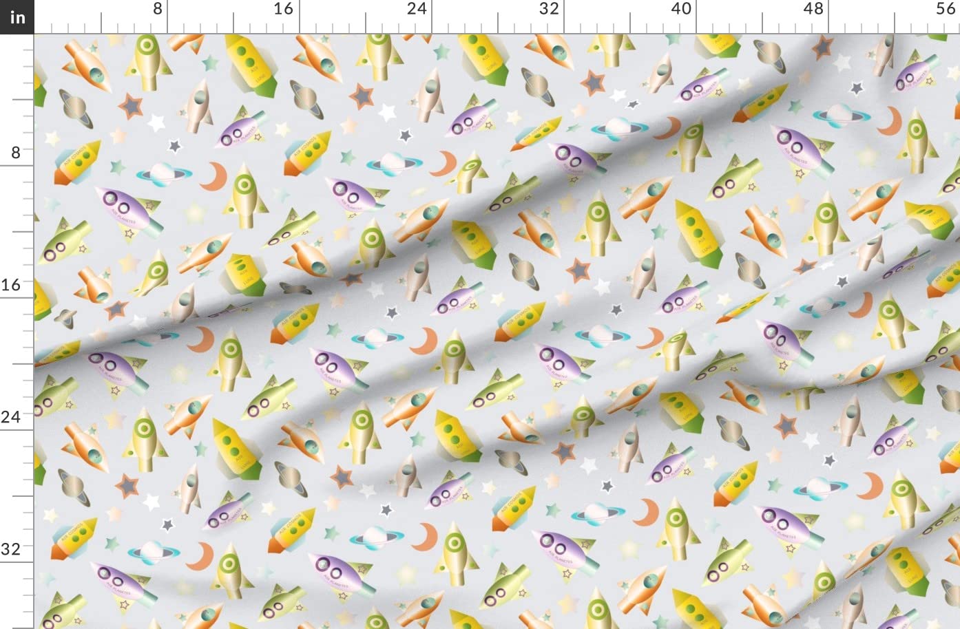 Rocketships Outer Space Exploration Kids Gender Neutral Science Planets Printed Denim Fabric Fat Quarter - Bottomweight Apparel & Home Decor Upholstery Material for DIY Crafts, Kids Room Decor, Space Themed Bedding