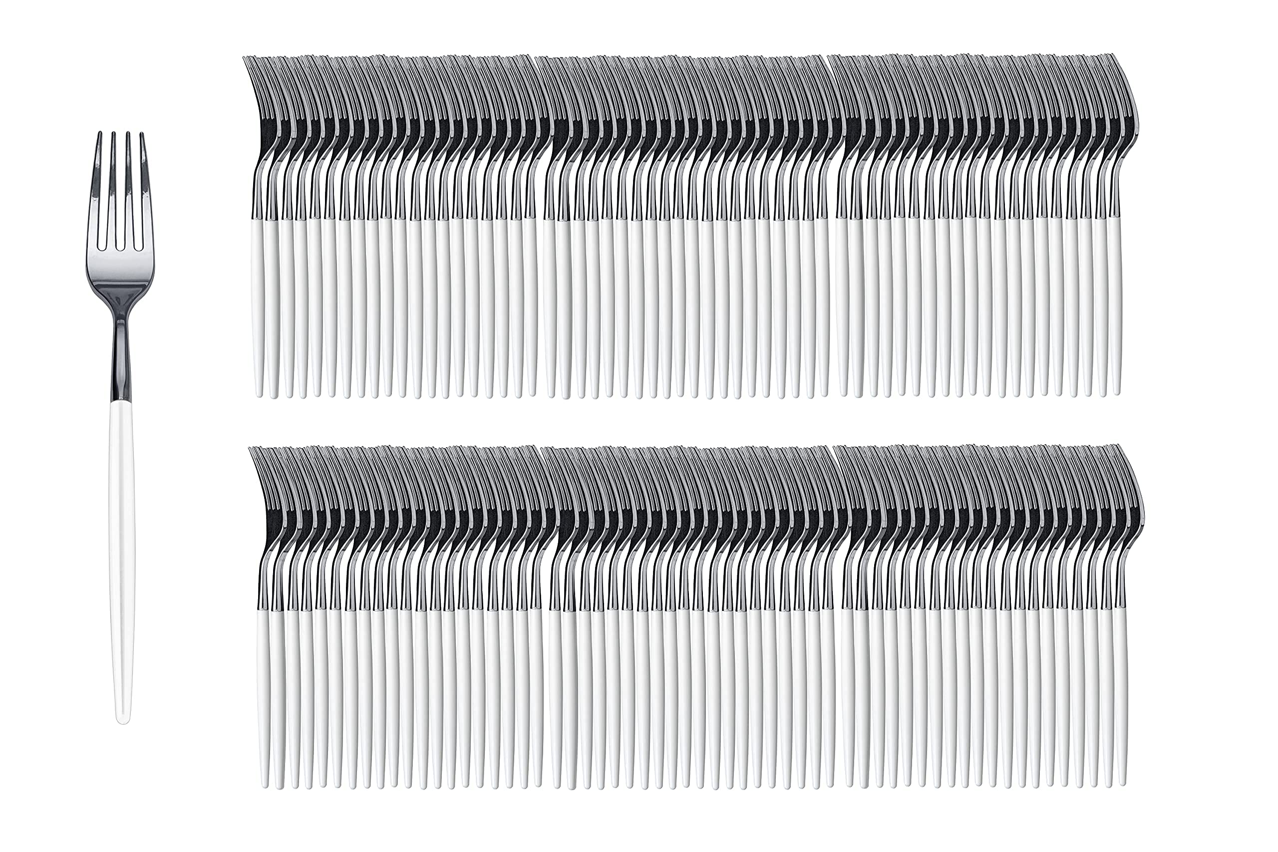 Trendables 120 Pack Heavy Duty Disposable Plastic Forks - Elegant Dual-Tone White & Silver Plastic Utensils for Weddings, Parties, Catering & Events - Perfect for Outdoor Dining, Picnics & Office Lunches