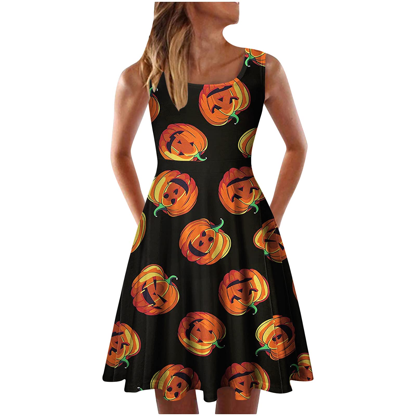 FAVIPT Women's Plus Size Halloween Sleeveless Pumpkin Print A-Line Midi Dress - Casual Swing Party Dress for Halloween Costume, Cosplay & Fall Festivals