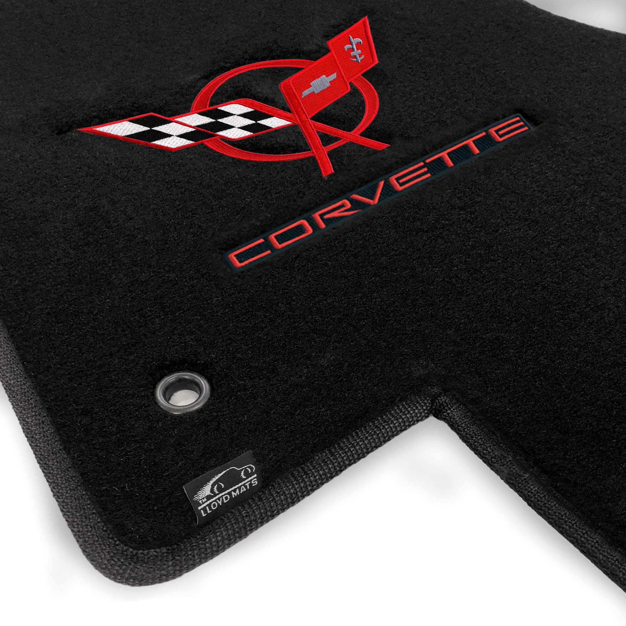 Premium Custom-Fit Carpeted Floor Mats for 1997-2004 C5 Corvette - Luxury Black Car Floor Liners with Red Flag & Corvette Logo (2-Piece Set) - Perfect for Daily Driving, Road Trips & Car Shows