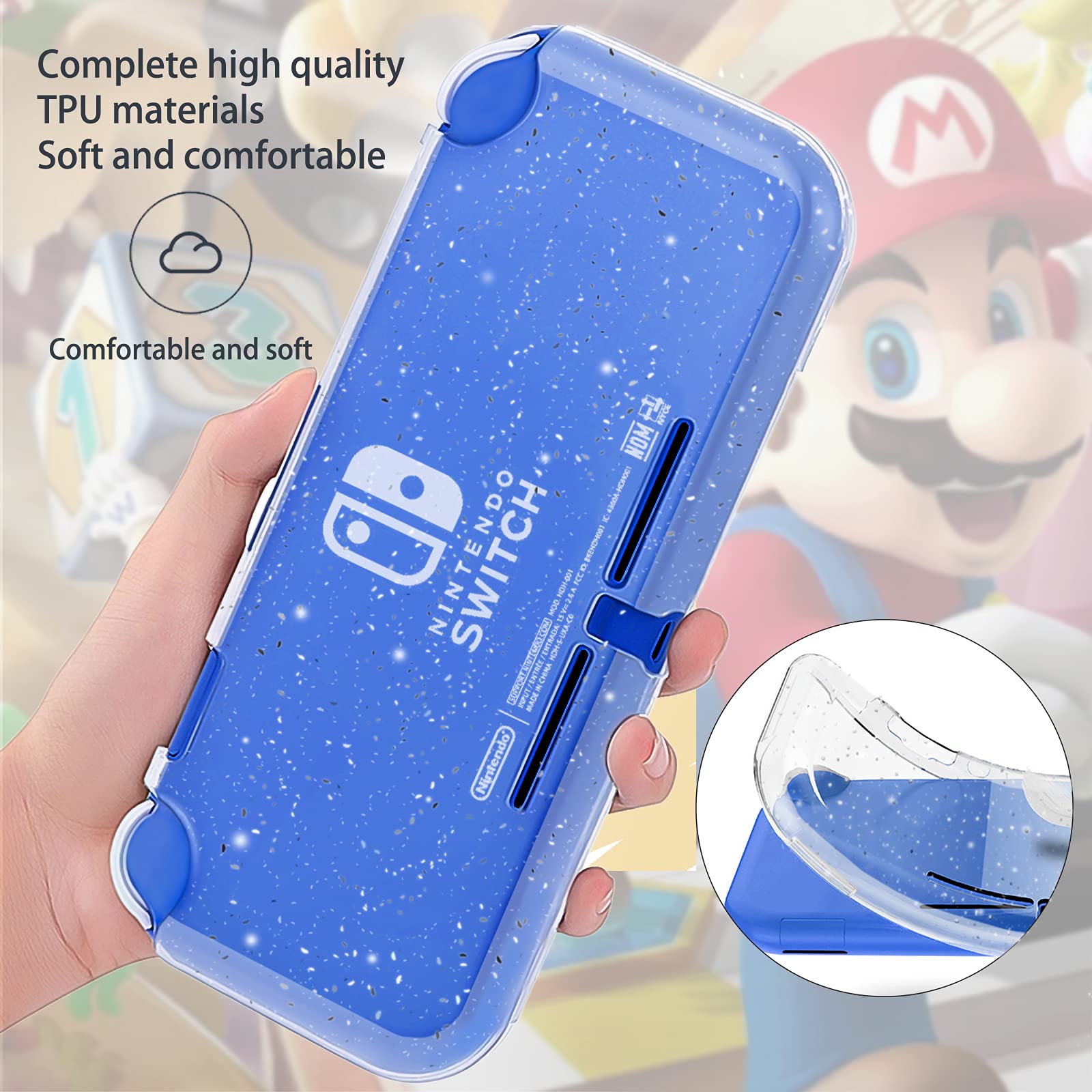 Premium Nintendo Switch Lite Carrying Case - 4-in-1 Travel Accessories Kit with Glitter Case, Screen Protectors & Thumb Grips (Blue) | Perfect for Gaming On-The-Go, Travel Protection & Enhanced Gameplay