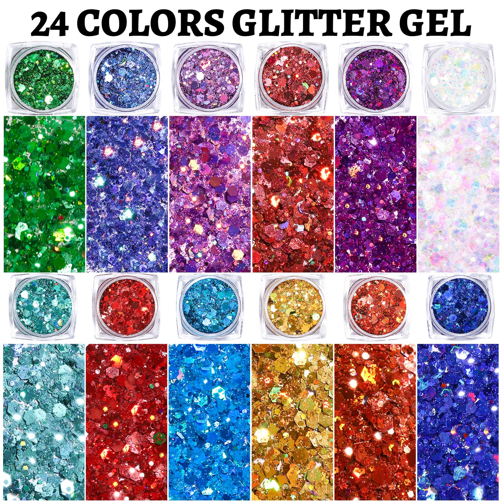 Teenitor 24 Colors Body & Hair Glitter Gel - Shimmer Makeup for Face, Body & Hair | Halloween, Cosplay, Festival & Party Glitter Makeup