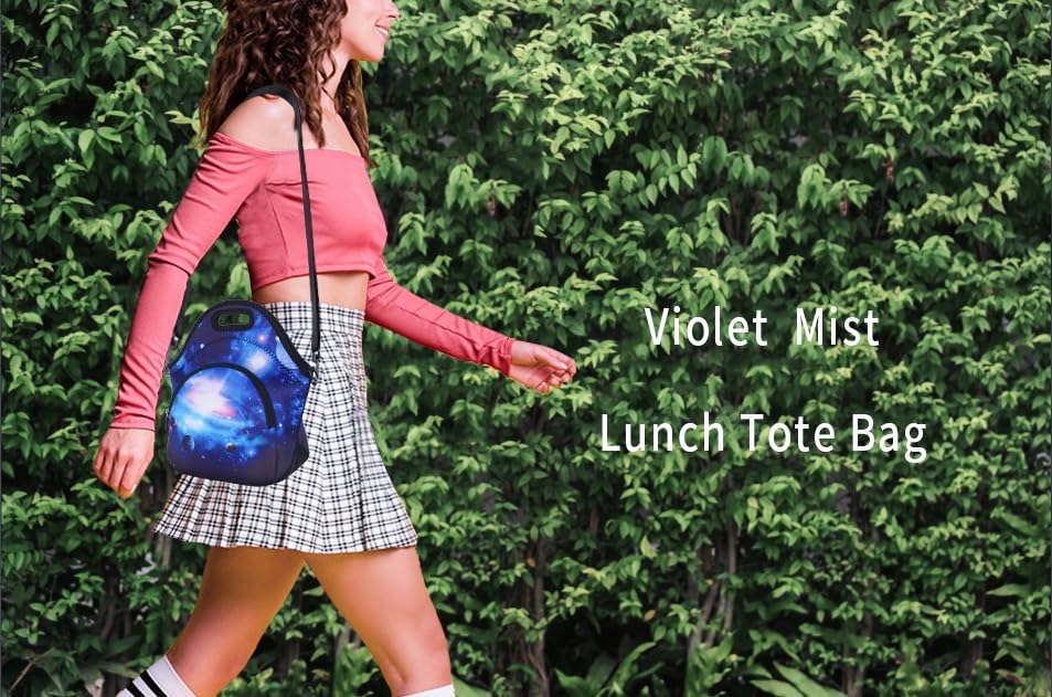 Violet Mist Insulated Neoprene Lunch Bag for Women & Men - Thermal Lunch Tote with Adjustable Shoulder Strap, Extra Pocket & Detachable Design | Perfect for Office, School, Picnics & Outdoor Activities | Galaxy Space Blue Star Sky Pattern
