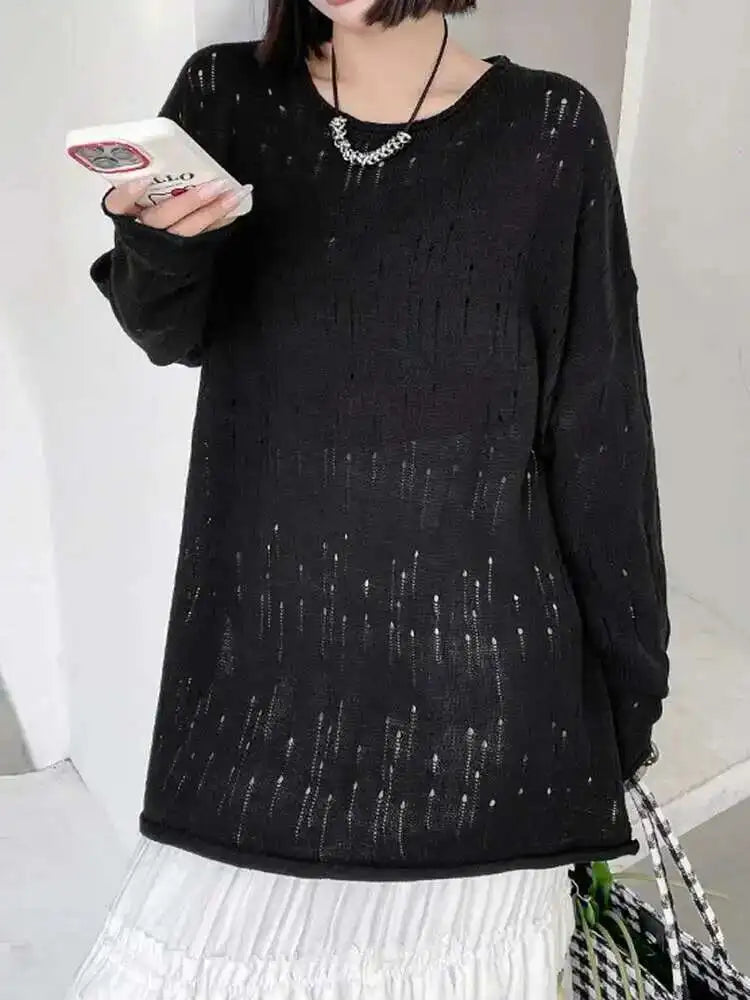 Black Hollow Out Oversized Knit Sweater for Women - Round Neck Long Sleeve Pullover | 2025 New Fashion Spring Autumn Casual Wear | Perfect for Office, Dating & Weekend Outfits (Style 1DJ0057)