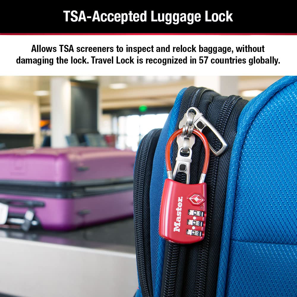 Master Lock 4688BLUEC4 TSA Approved Luggage Lock - 4 Pack Blue Combination Travel Lock for Suitcases, Bags & Backpacks | Secure Your Belongings During Air Travel, Commuting & Hotel Stays