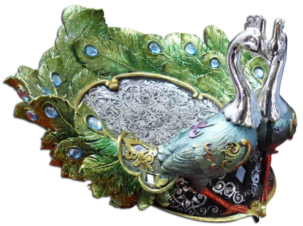 Elegant Peacock Shallow Dish Statuette - 6.5x11.5x9 Inch Polymer Clay Art Piece for Candy Bowl, Jewelry Tray, Gift & Home Decor | Perfect for Wedding Centerpieces, Tabletop Display & Luxury Home Accents