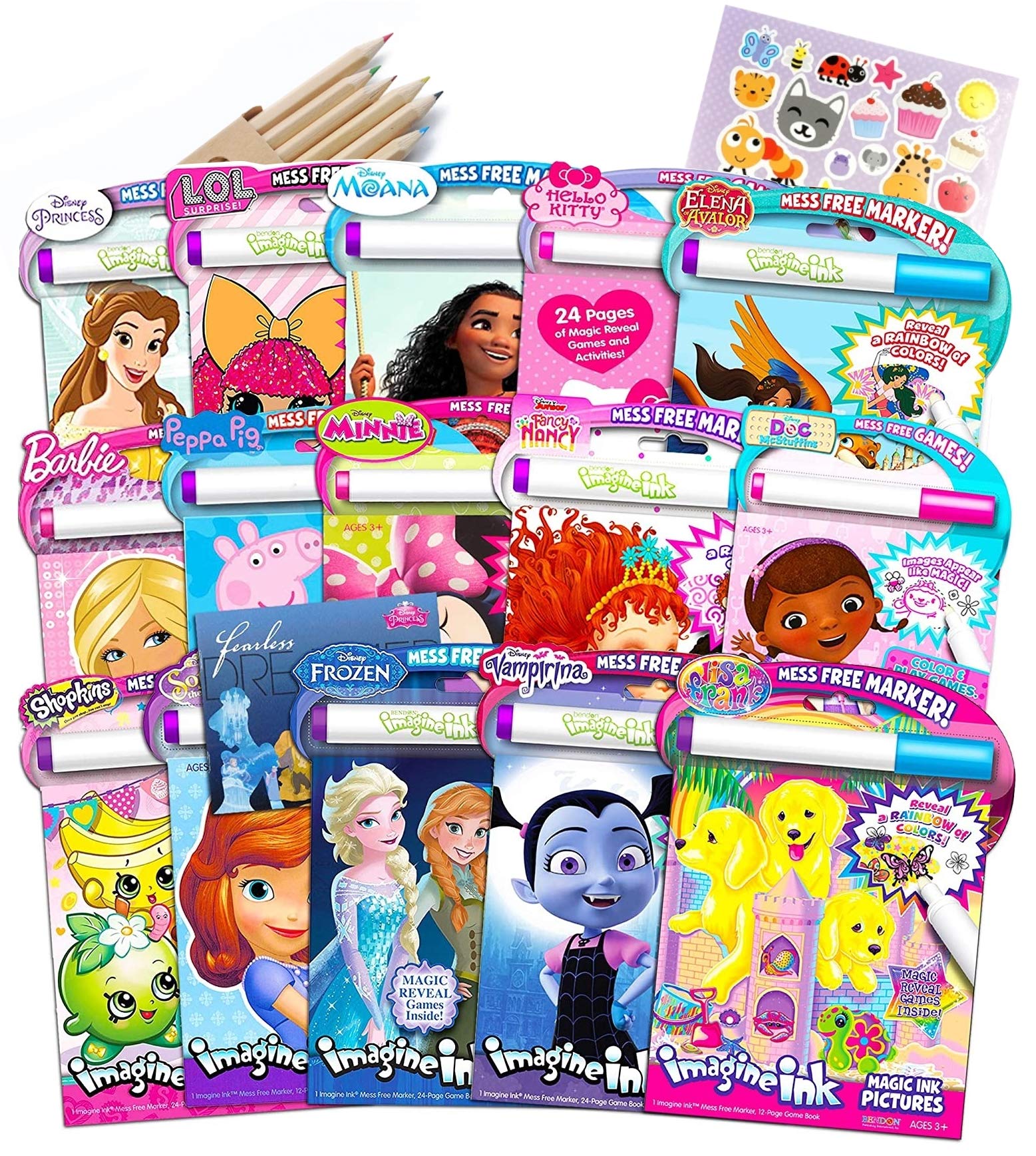 Set of 6 Imagine Ink Mess-Free Coloring Books for Girls - Invisible Ink Activity Books with Bonus Stickers & Wooden Coloring Pencils - Perfect for Birthday Party Favors, Travel Activities and Creative Playtime