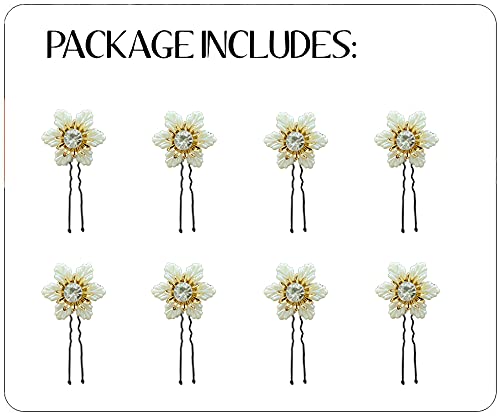 White Flower Hair Pins for Women & Girls - Pack of 8 | Artificial Floral Bridal Hair Accessories | Wedding, Prom & Party Hair Clips