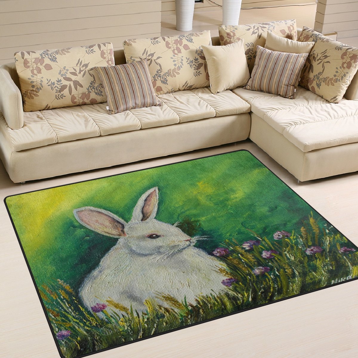 ALAZA Easter Bunny Oil Painting Area Rug - 7' x 5' Soft Floral Rabbit Carpet for Living Room, Bedroom, Nursery - Perfect for Spring Decor & Holiday Home Accents