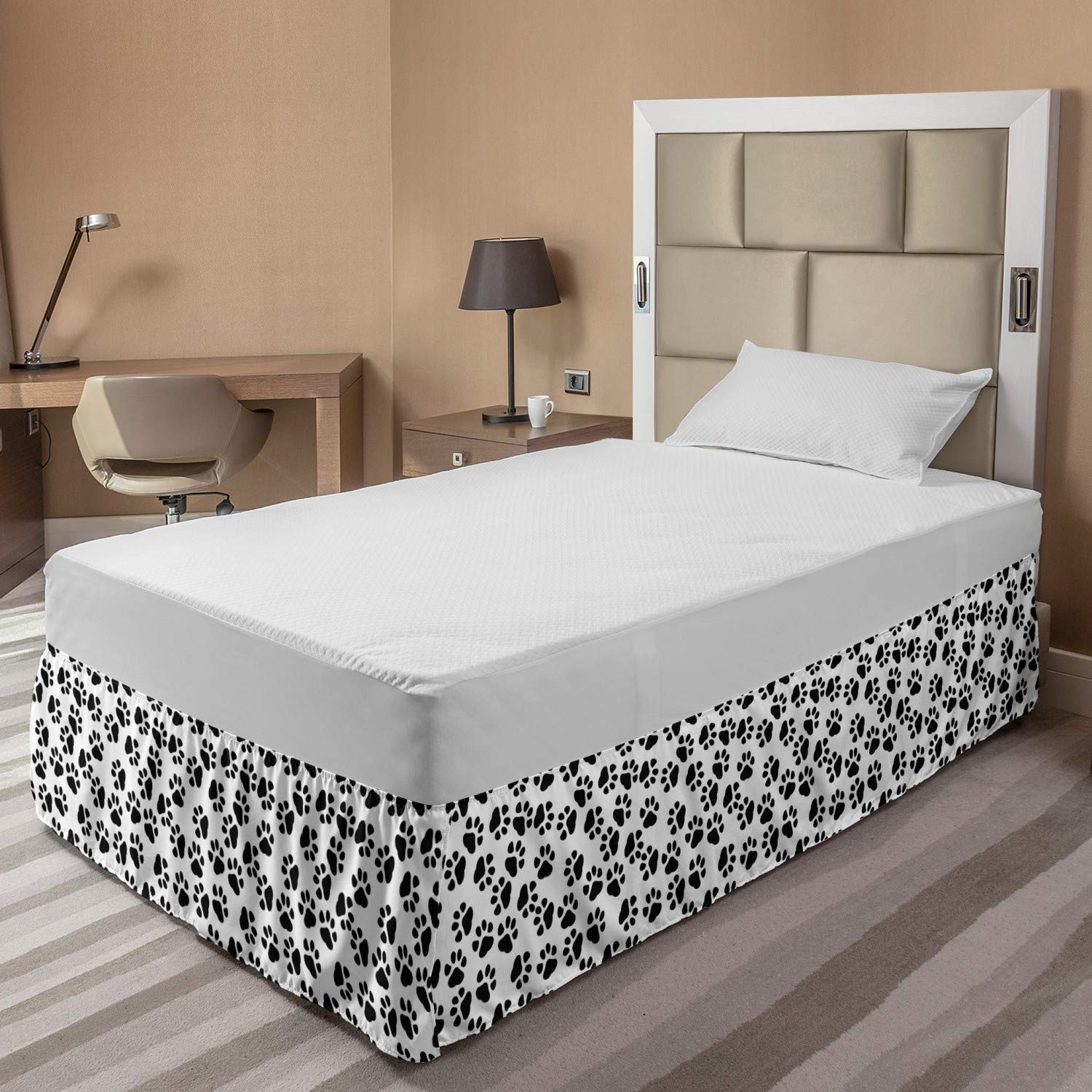 Ambesonne Paw Print Bed Skirt - Dog Cat Pet Design, Twin/Twin XL, White & Grey - Perfect for Pet Lovers' Bedrooms