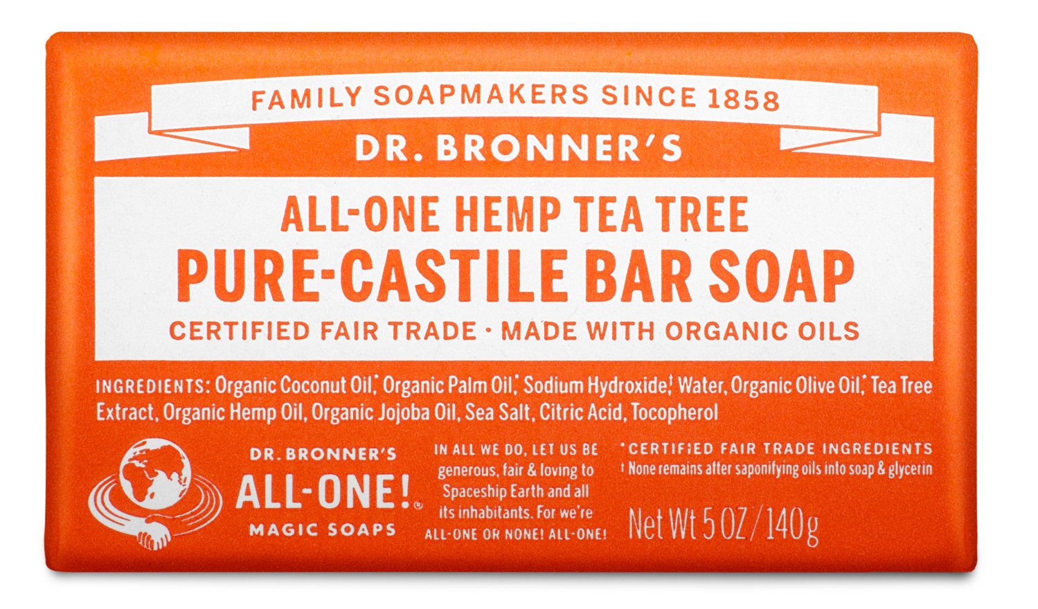 Dr. Bronners Pure Castile Bar Soap - Tea Tree Oil, Organic & Vegan for Face, Body & Hair - Gentle Cleansing for Sensitive Skin - Perfect for Travel, Camping & Daily Use