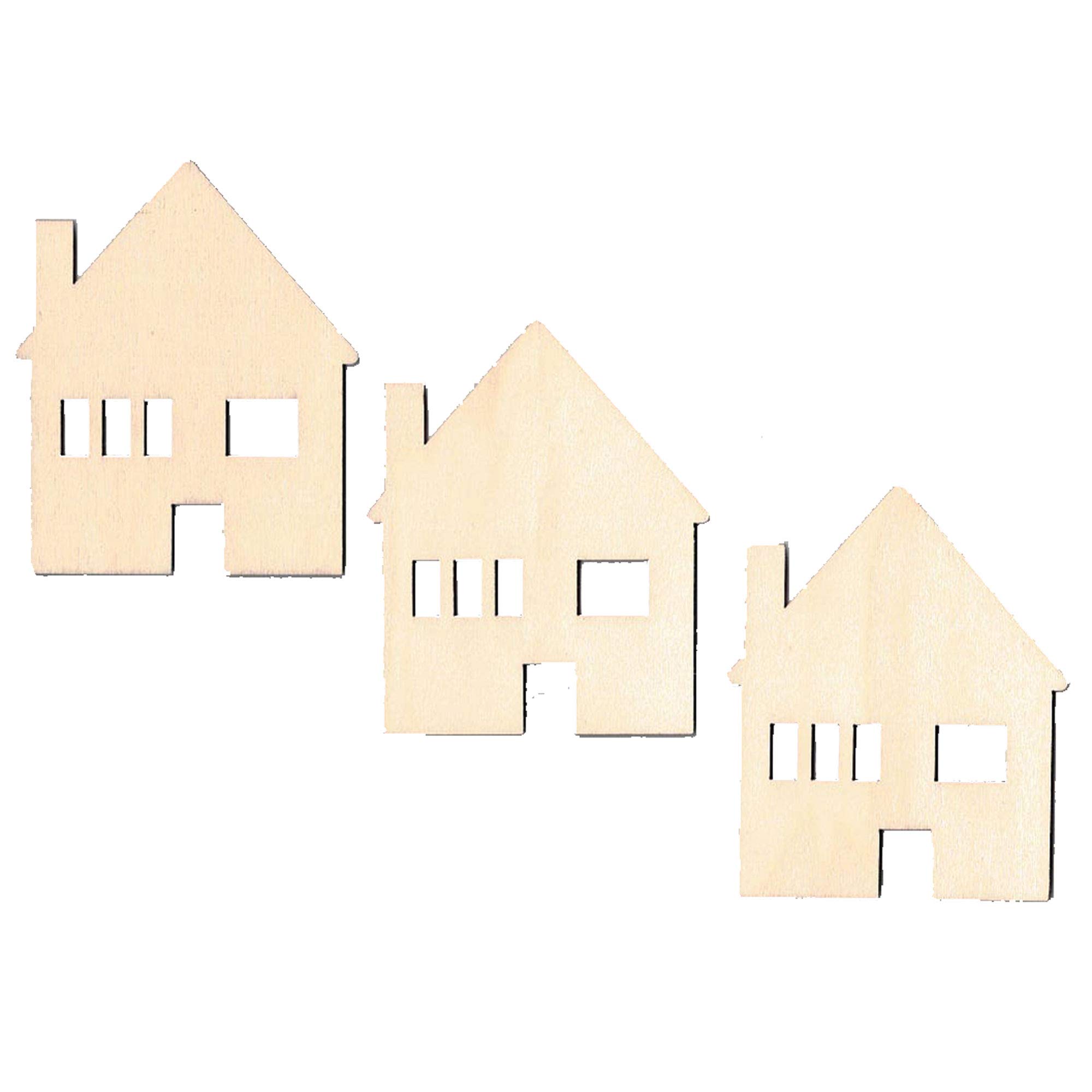 3 Unfinished Wooden House Cutouts - DIY Craft 3D Plaques 4 Inch - Perfect for Painting, Scrapbooking & Home Decor Projects
