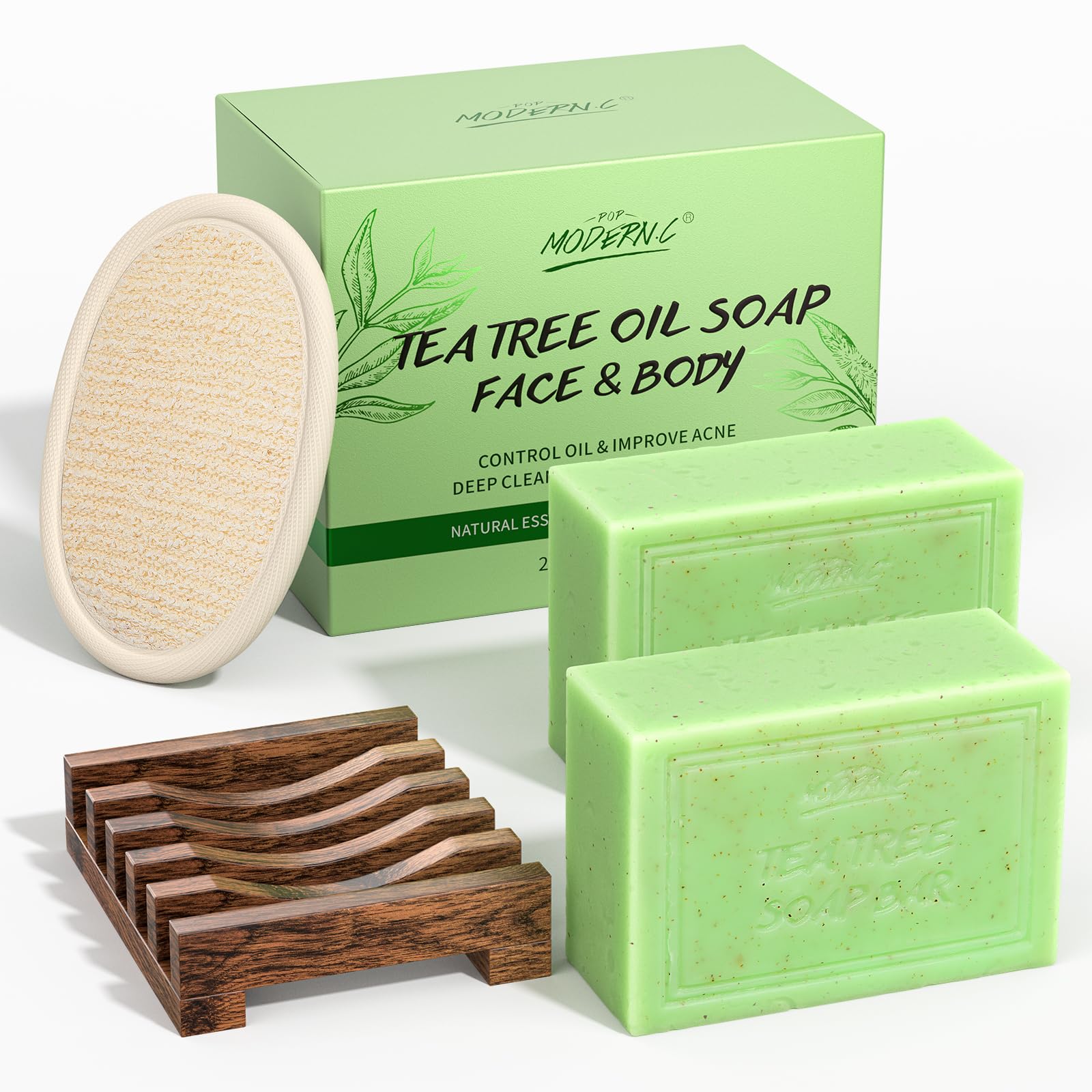 **Organic Tea Tree Oil Soap Bar for Face & Body - All Natural Acne Treatment, Moisturizer & Deodorant - Hand, Foot & Body Wash for Men & Women - Includes Soap Holder & Mesh Scrubber Bag - Perfect for Daily Skincare & Travel**