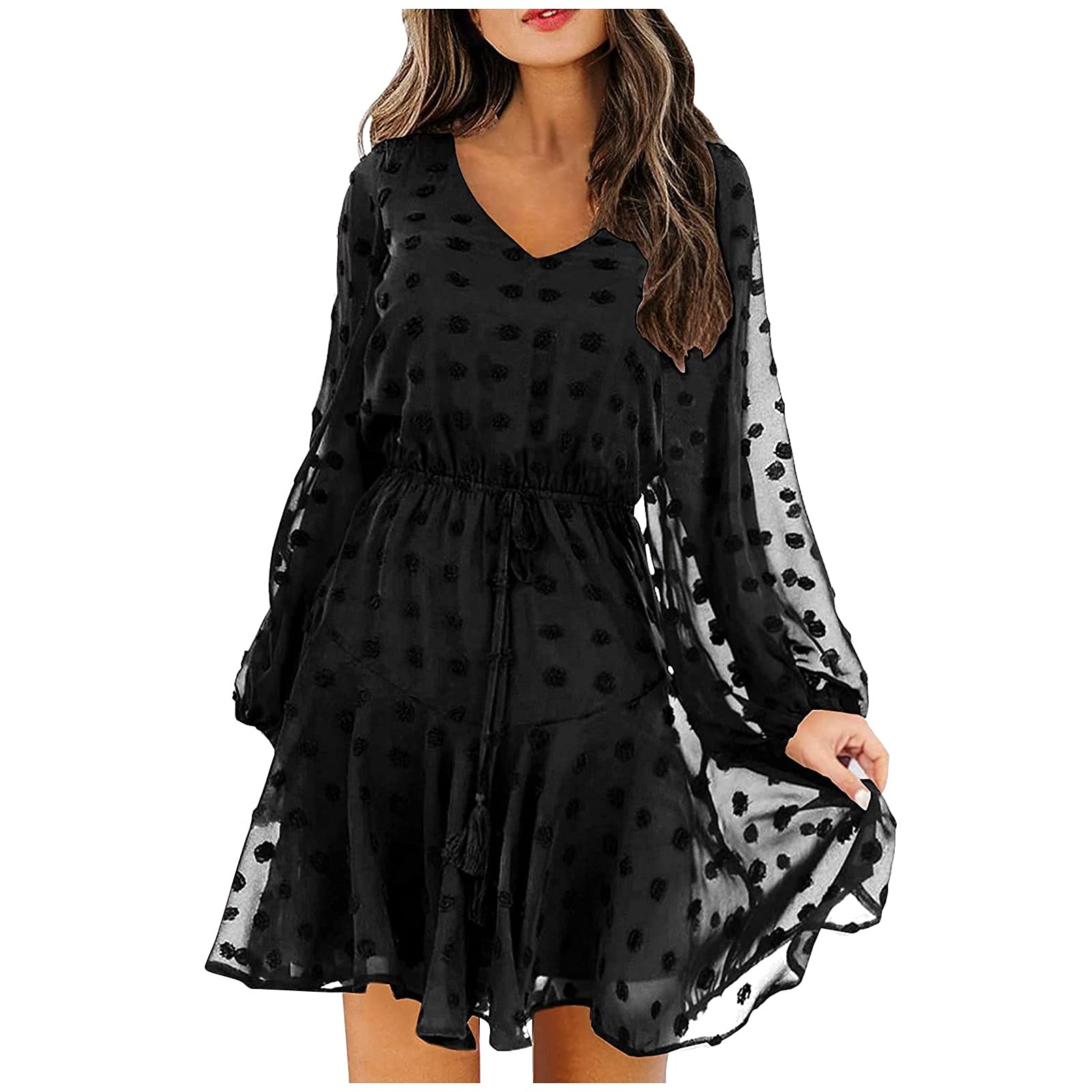 Women's Flowy V-Neck Long Sleeve Chiffon Mini Dress - Casual Loose High Waist Dot Print for Party, Date Night & Spring Outfits