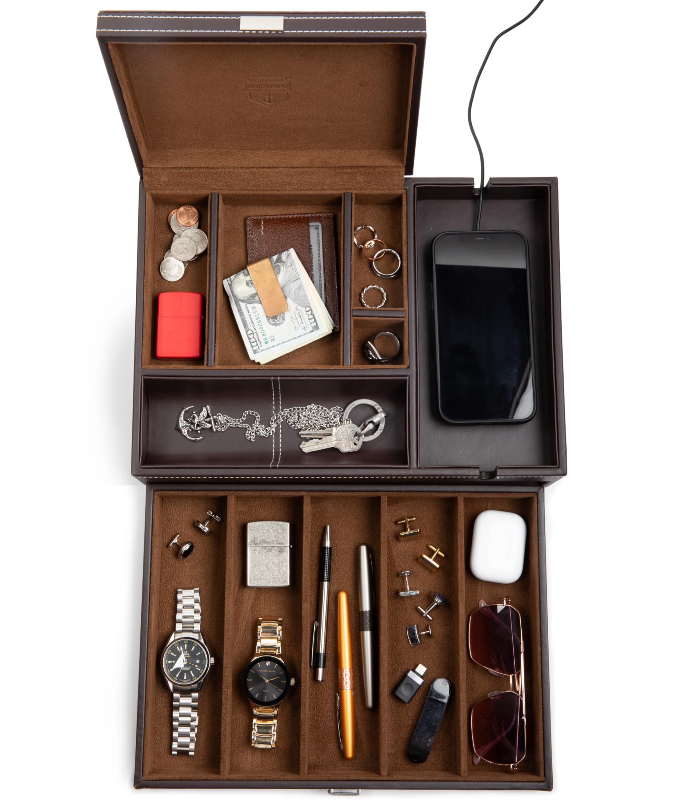 Premium Men's Leather Watch Box & Jewelry Organizer with Smartphone Charging Station - Luxury Valet Tray for Nightstand, Dresser & Travel - Perfect Gift for Him - Keep Watches, Rings & Accessories Neatly Stored
