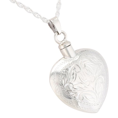 Sterling Silver Etched Heart Pendant Necklace for Ashes - Memorial Cremation Jewelry Keepsake - Perfect for Honoring Loved Ones at Funerals, Memorials & Special Occasions