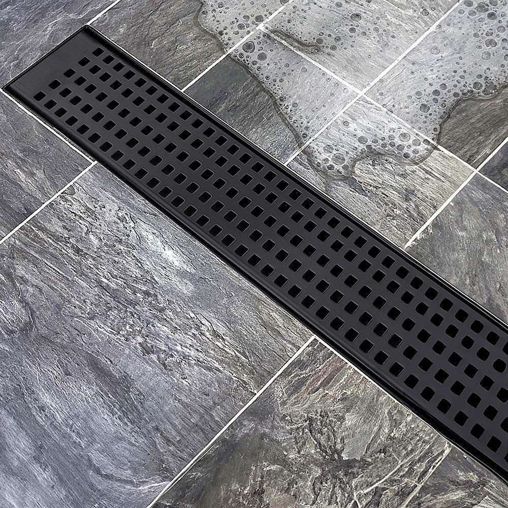 1000mm Black Square Pattern Bathroom Shower Drain Grate with Center Outlet - Floor Waste Drain for Modern Bathrooms & Wet Rooms