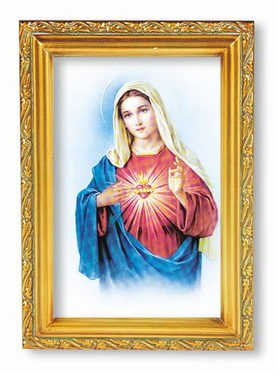 Immaculate Heart of Mary Framed Wall Art - Small Antique Gold Leaf Finish with Acanthus Leaf Edging - Perfect for Home Chapel, Catholic Decor & Religious Gift