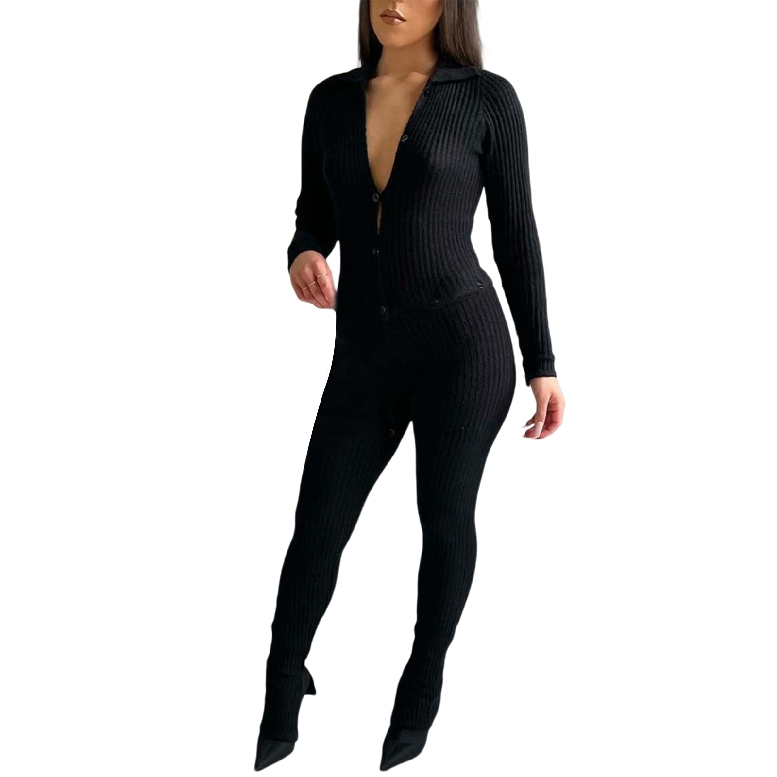 Women's Y2K Knit Bodycon Jumpsuit - Long Sleeve Polo Neck Crop Top with Long Pants & Button Romper | Autumn Fashion Outfit for Casual Wear, Street Style & Night Out