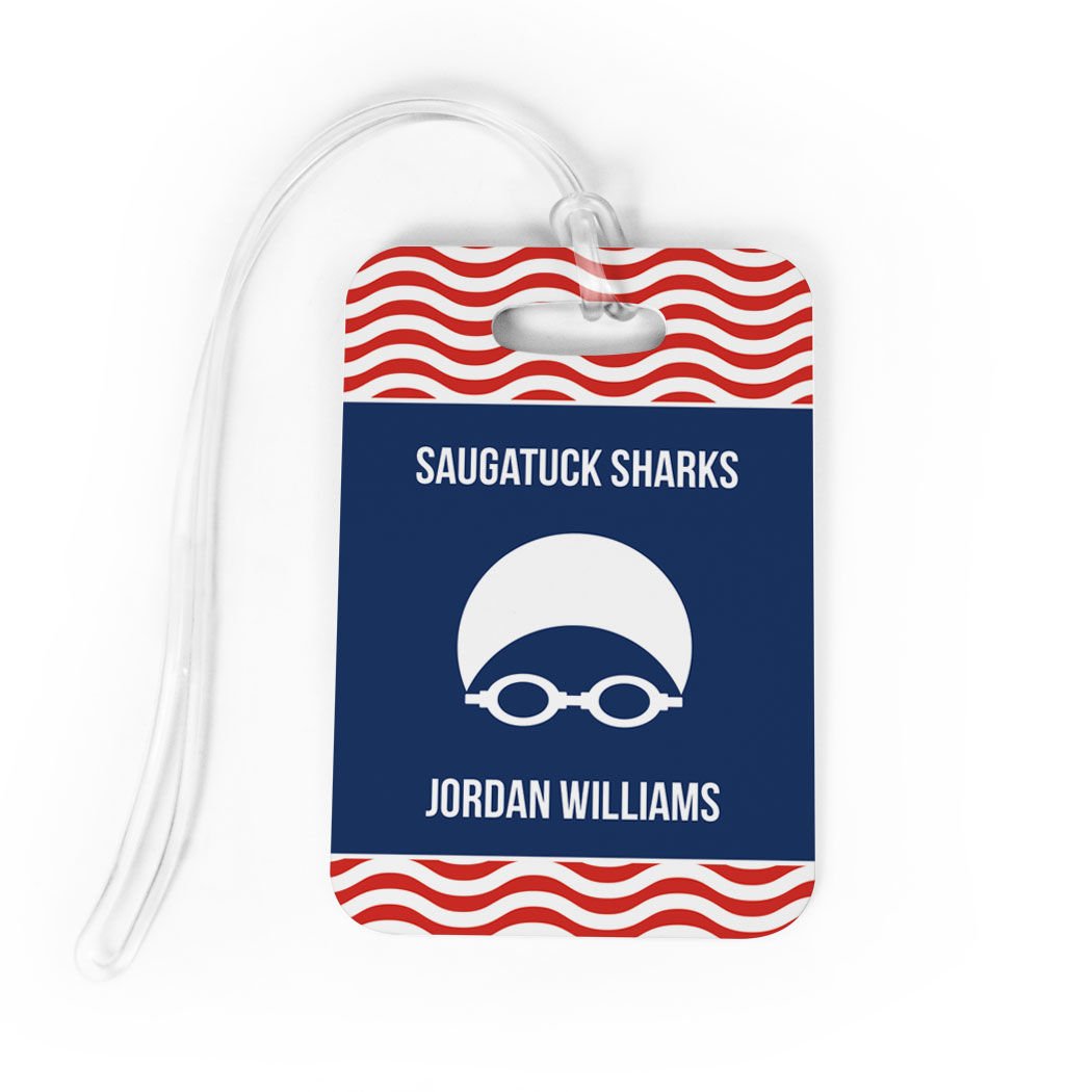 Personalized Swim Team Luggage Tag with Swimmer Design - Medium Size Red & Navy Waterproof Bag Tag for Swim Meets, Travel & Gym Use - Standard Lines on Back for Easy Identification