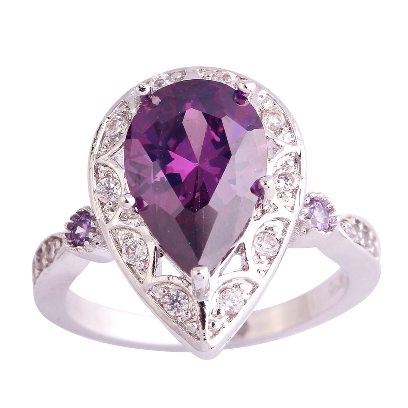 925 Silver Plated Teardrop Amethyst Halo Ring for Women - Elegant Purple Gemstone Jewelry Gift for Birthday, Anniversary & Special Occasions
