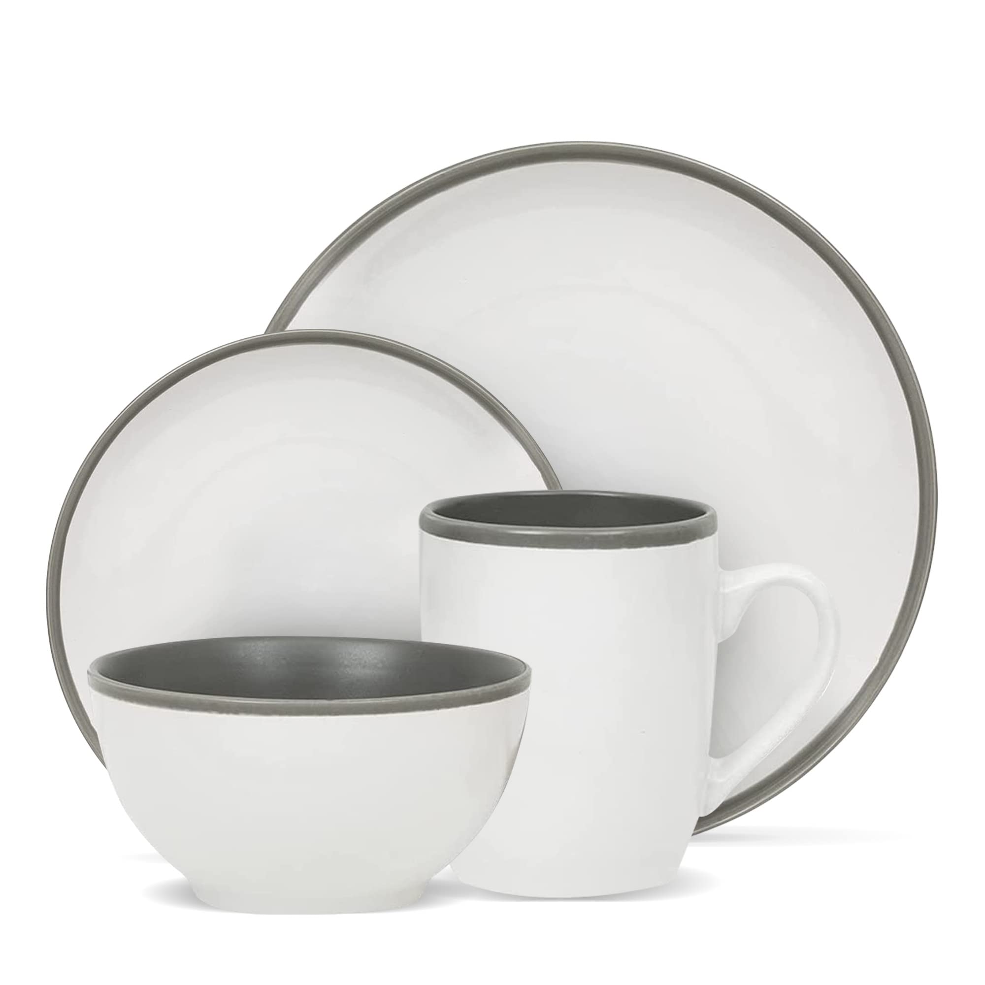 Safdie & Co. - 16-Piece Modern Stoneware Dinnerware Set, Luna Tone Plates & Bowls for Indoor/Outdoor Use, Dishwasher Safe White & Grey - Perfect for Family Dinners, Entertaining Guests, and Outdoor Dining