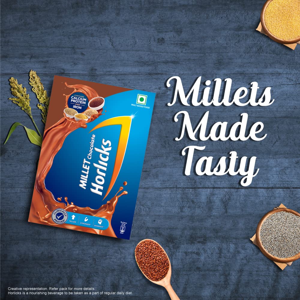 Horlicks Millet Chocolate Health Drink Powder 600g BIB - Nutritious Energy Boost for Kids & Adults, Perfect for Breakfast & Snack Time
