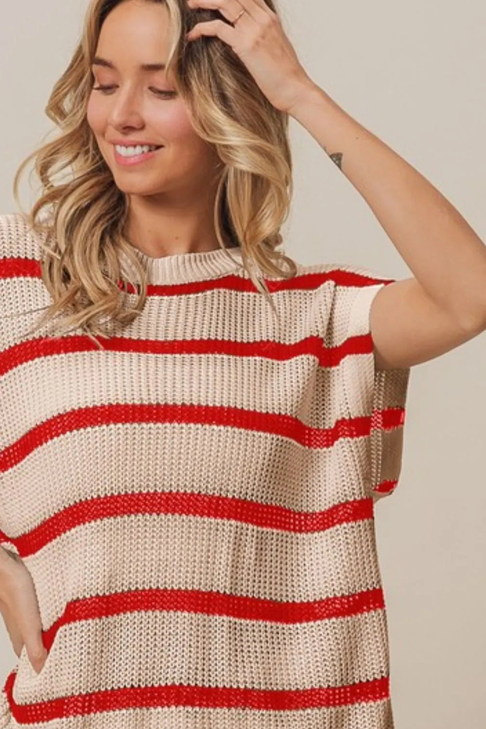 BiBi Women's Fourth of July Stripe Drop Shoulder Sweater - Patriotic Knit Pullover for Independence Day, BBQ Parties & Summer Festivals