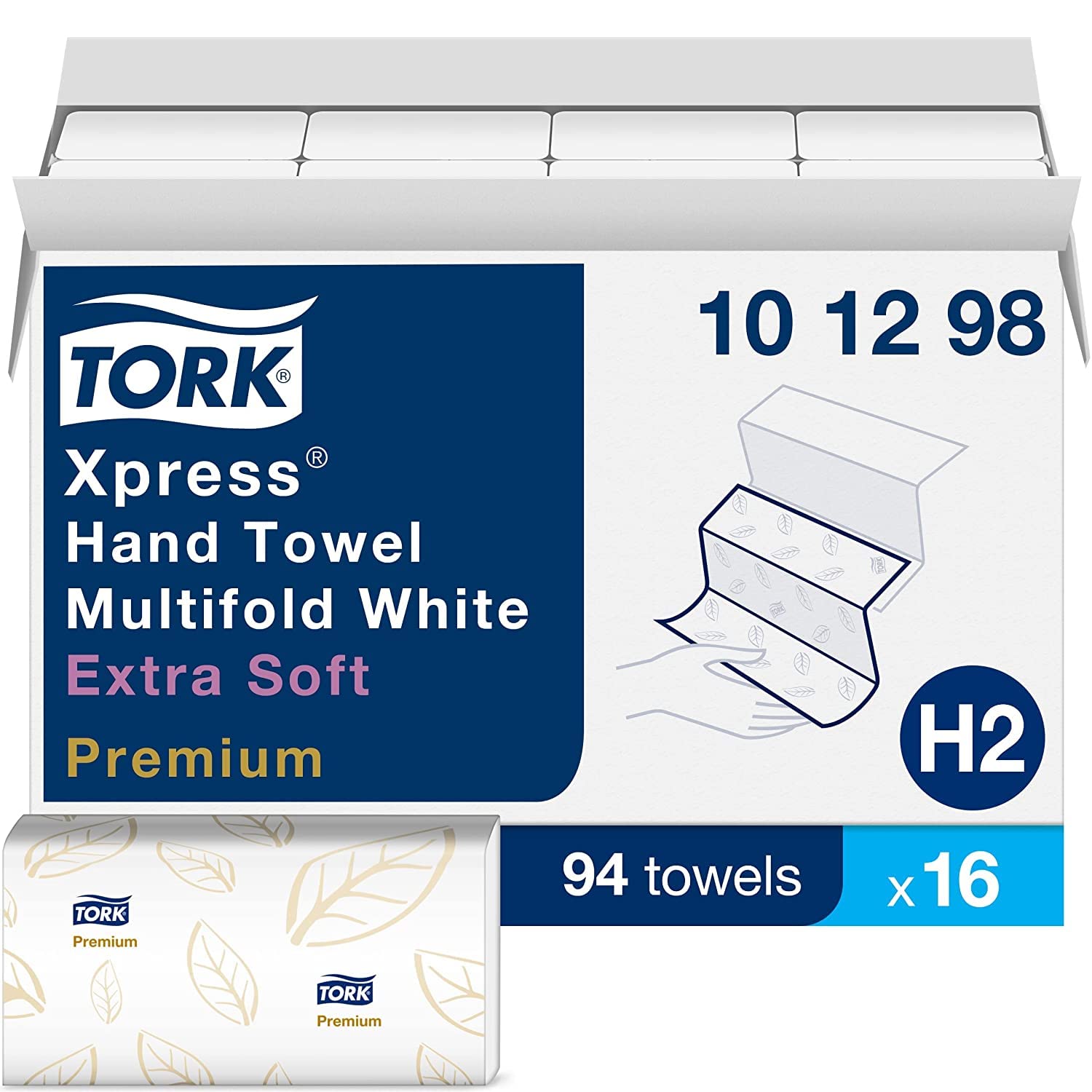 Tork Xpress Soft & Extra Soft Multifold Hand Towels - Blue Leaf Print (16 Packs) | Premium Bathroom & Kitchen Paper Towels for Home, Office & Commercial Use