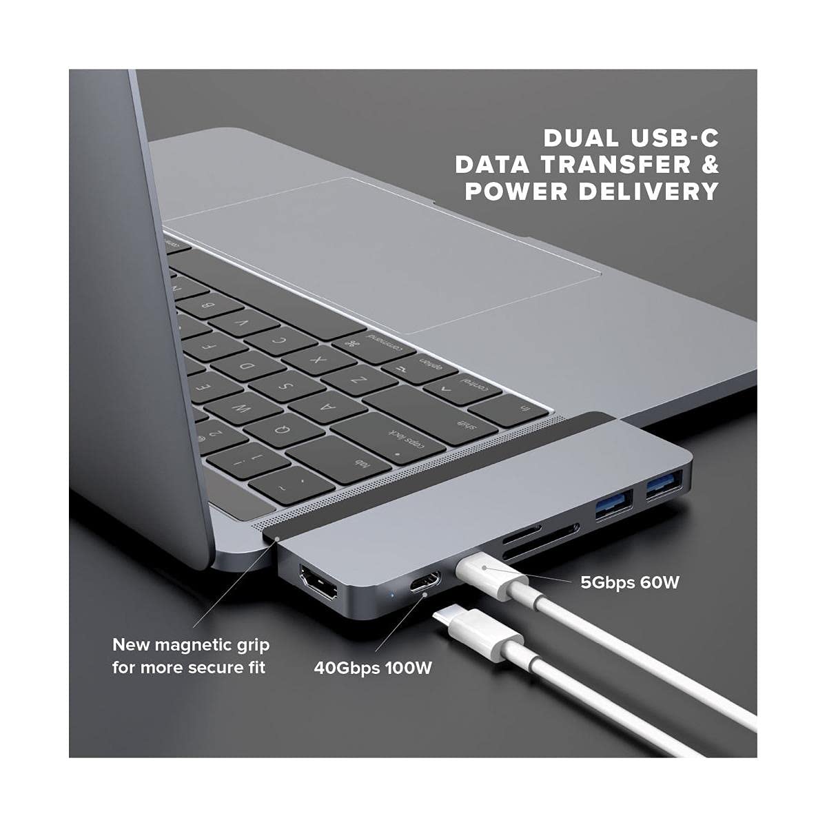 HyperDrive Duo 7-in-2 USB-C Hub for MacBook Pro/Air - Thunderbolt 3 (40Gbps), 100W PD Charging, 4K60Hz HDMI, USB-A 3.1, SD/MicroSD Reader - Magnetic Silver Adapter | Perfect for Home Office, Remote Work & MacBook Pro/Air Accessories