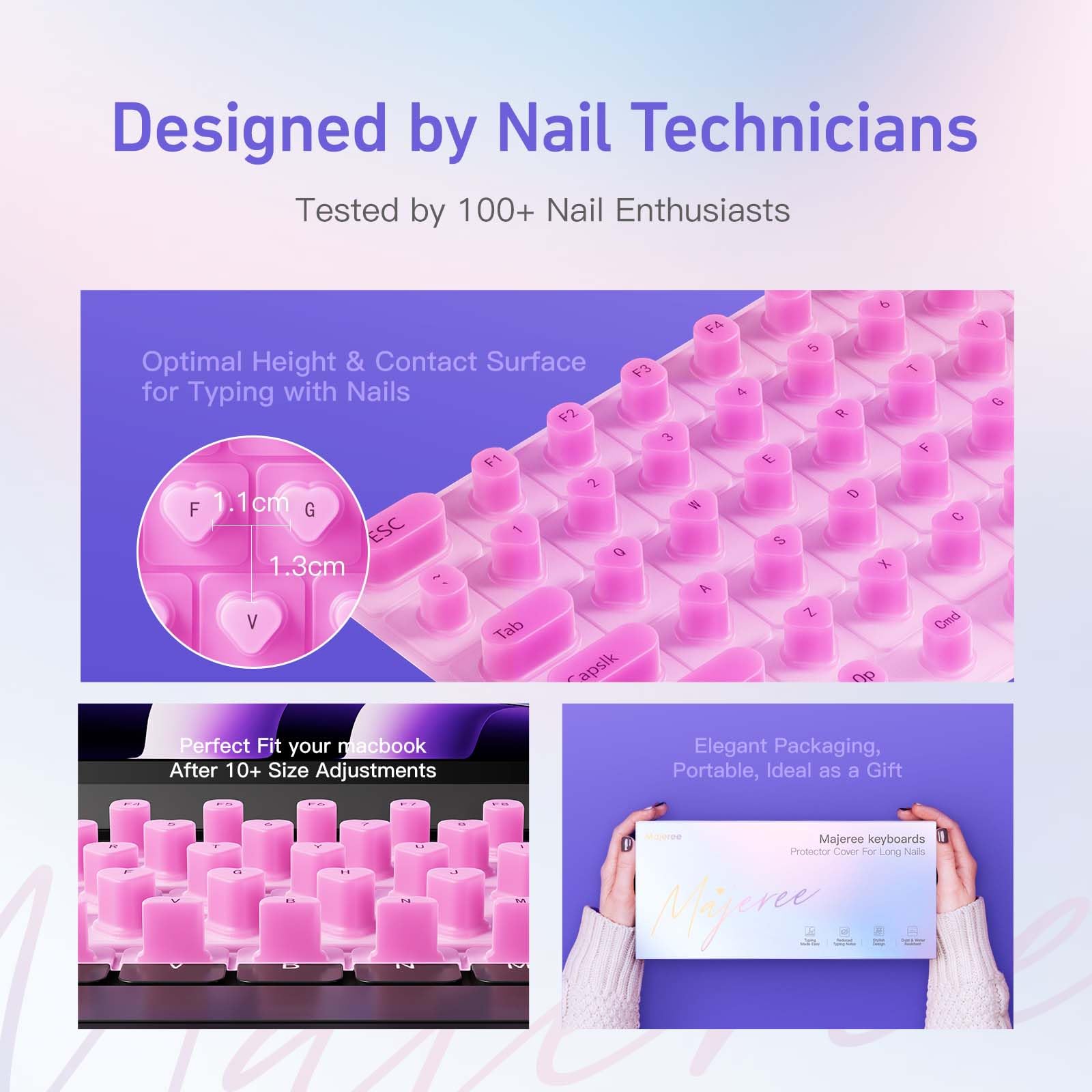 Majeree Silicone Keyboard Cover for Long Nails - Compatible with 2021-2024 MacBook Pro 14/16 & MacBook Air 13/15 - Raised Keys, Gift Box Packaging - Perfect for Typing with Long Nails, Office Work, Study & Home Use (Pink)