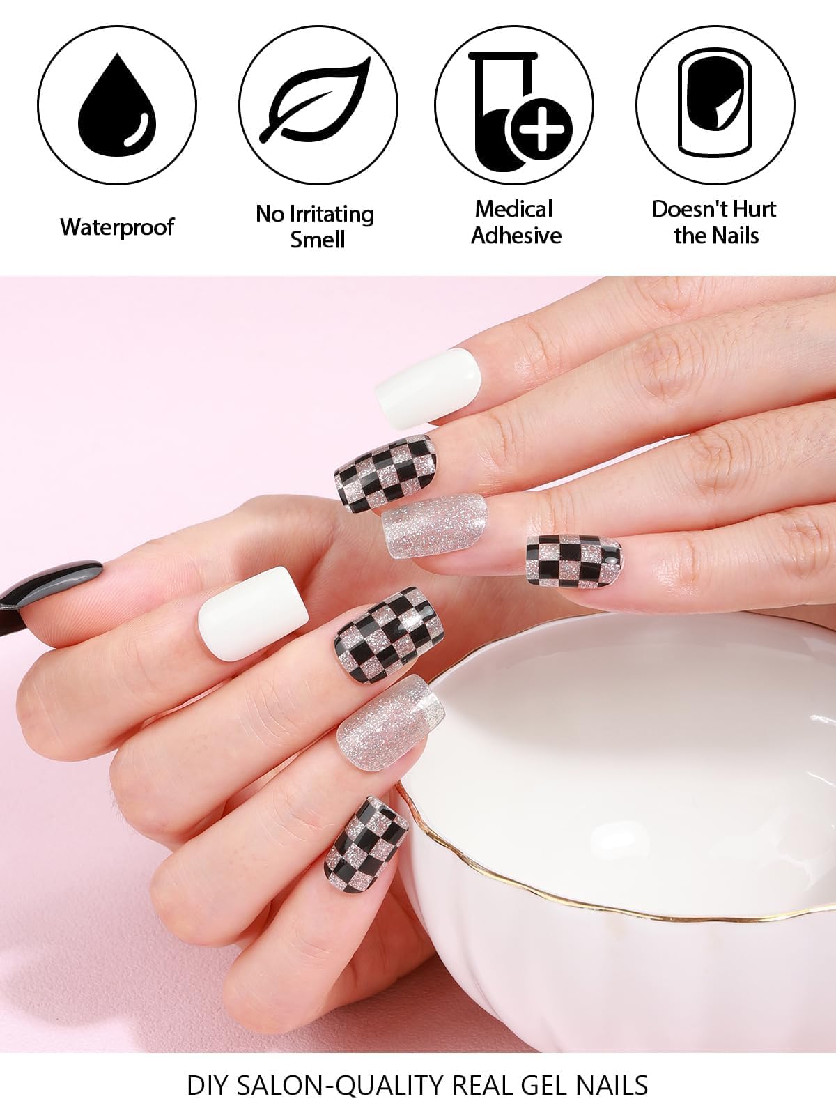 32PCS Semi-Cured Gel Nail Strips - Long Lasting Nail Polish Stickers with Shiny Finish | Full Coverage Nail Wraps for Gel Nail Art | UV/LED Lamp Required | Black Plaid Design | Perfect for Home Manicures, Parties & Special Occasions