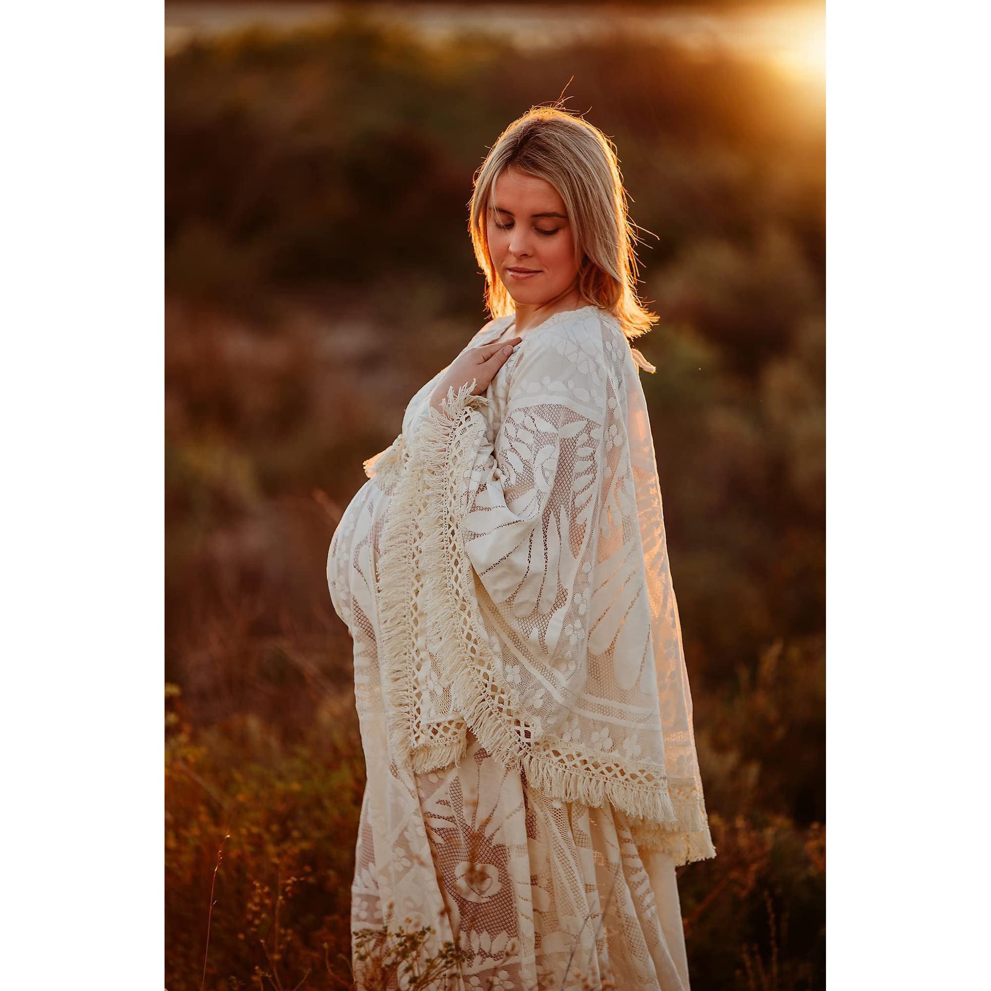 Boho Lace Maternity Dress for Photoshoot - V-Neck Pregnancy Gown for Baby Shower & Maternity Photography - Flowy Elegant Dress for Expecting Mothers (Perfect for Outdoor Maternity Photos, Bridal Showers & Special Occasions)