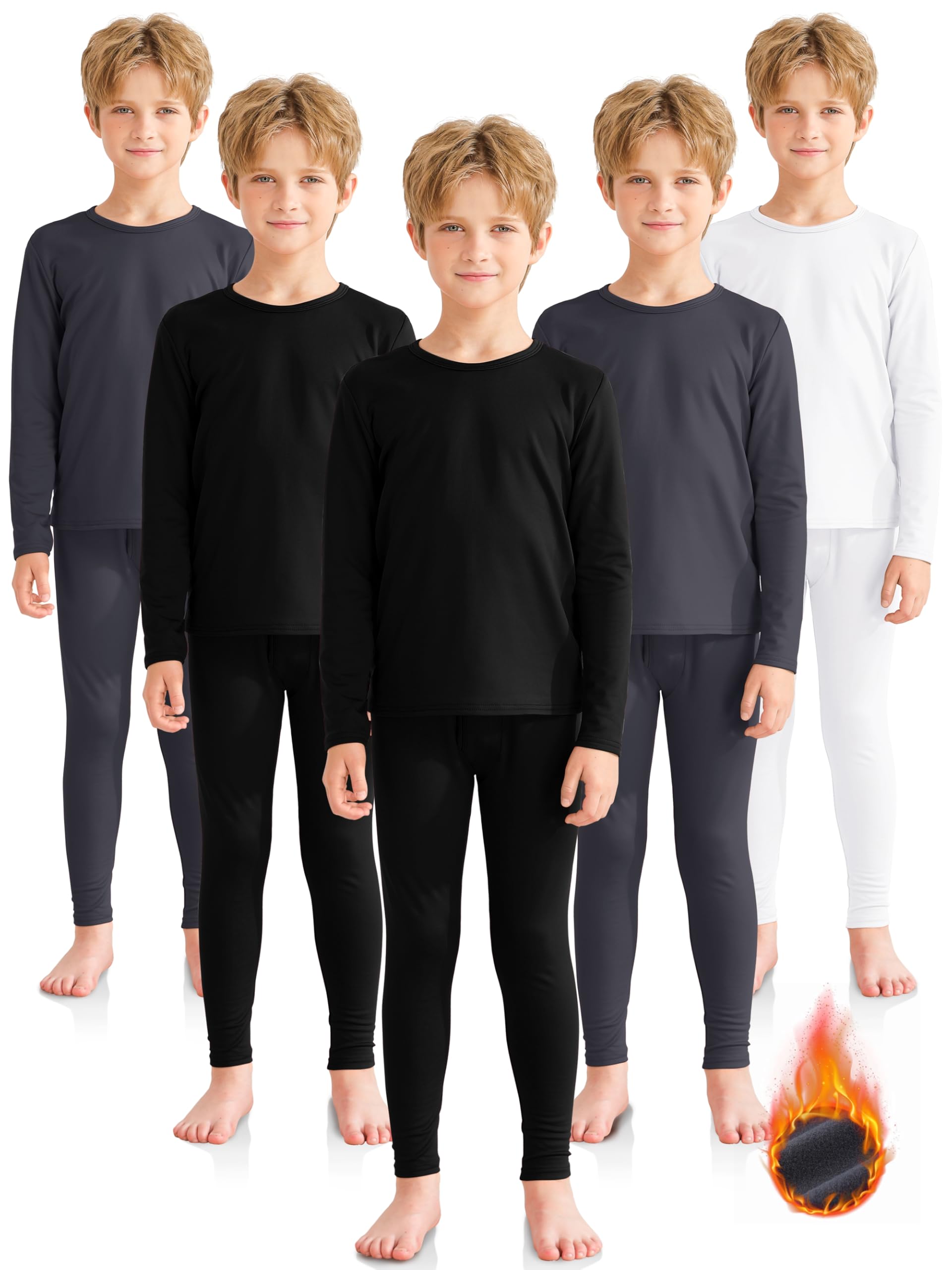 VZV 5-Pack Boys' Thermal Underwear Set - Fleece-Lined Winter Base Layer, Long Johns for Kids | Cold Weather Clothing for Outdoor Activities & Snow Sports