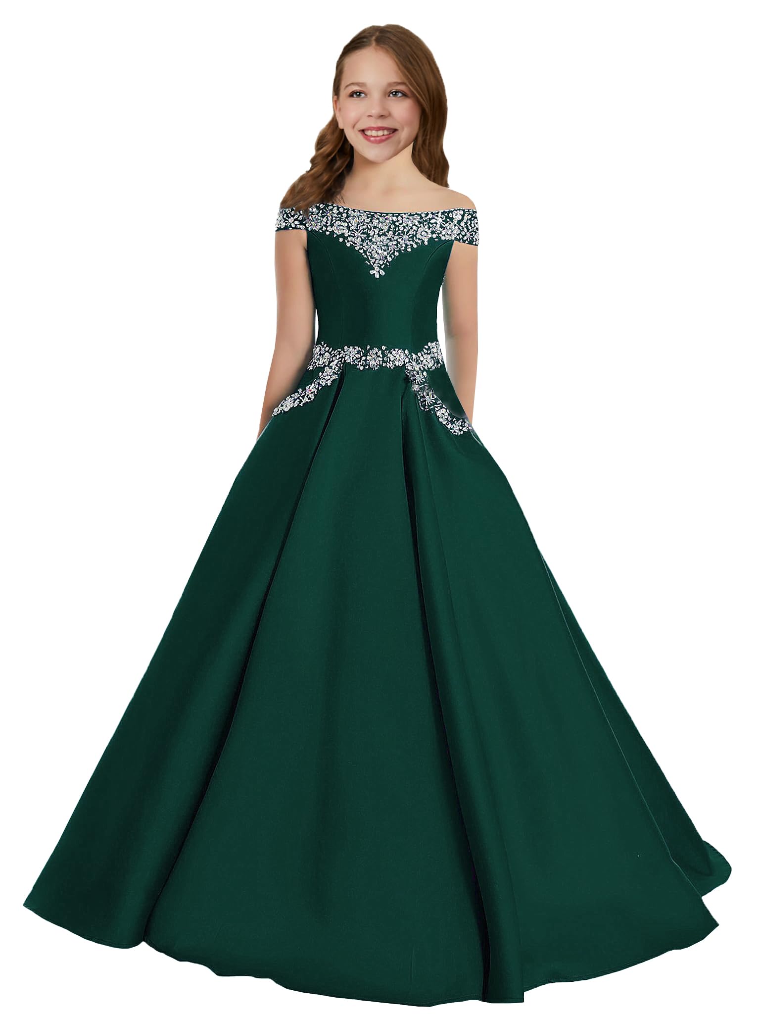 Off The Shoulder Girls Pageant Dresses Satin Long Princess Birthday Party Dress with Pockets - Elegant Formal Gown for Pageants, Quinceañeras, Prom & Special Occasions