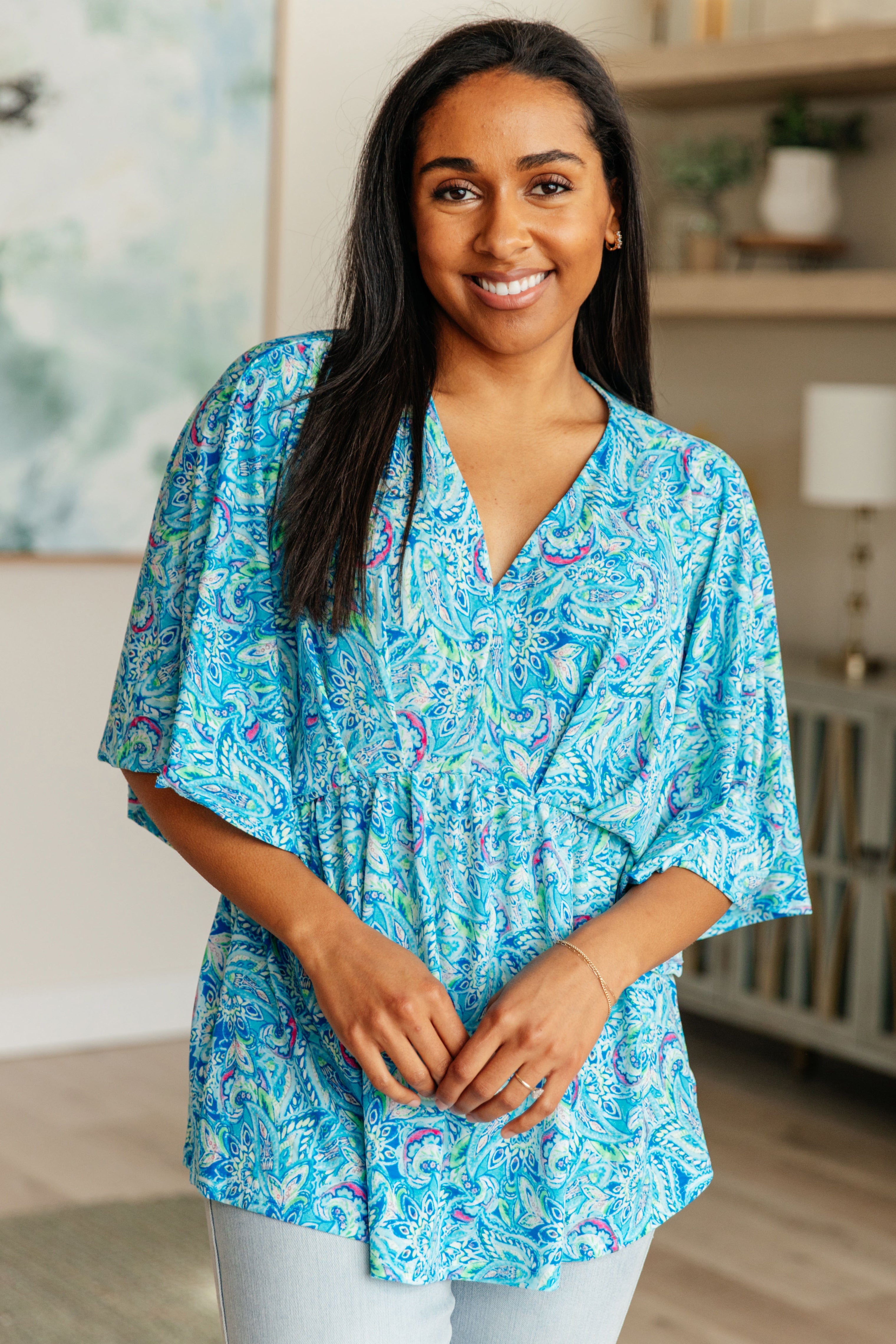 Dreamer Peplum Top - Blue & Teal Paisley Print Women's Blouse | Perfect for Casual Outings, Date Nights & Office Wear