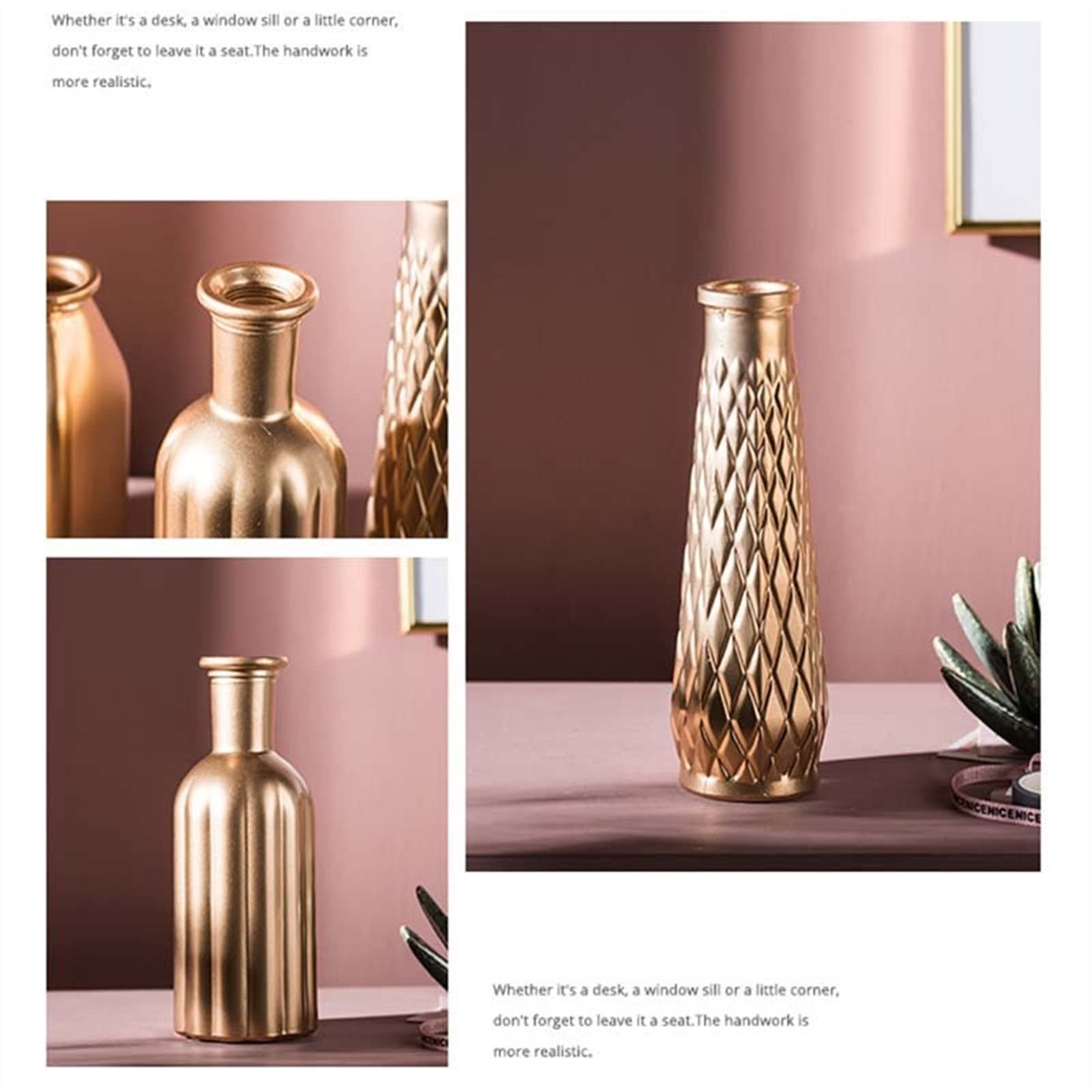 Golden Glass Flower Vases Set - Modern Geometric Vases for Home & Office Decor - Elegant Centerpiece for Wedding, Dining Table, Living Room Decor (Various Shapes & Sizes)